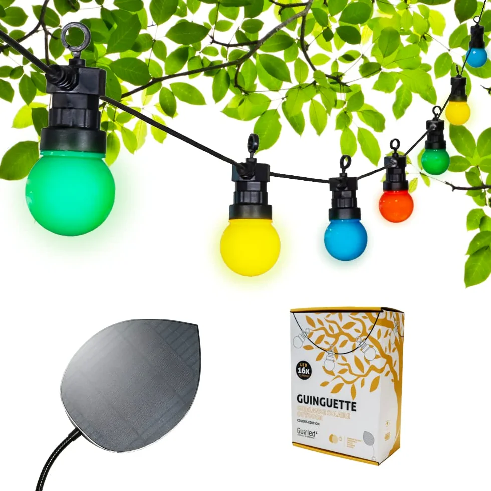 GuirLED - Solar & Wodoodporny łańcuch świetlny IP55 Premium Guinguette - 16 diod LED 7,5 metra - Możliwość rozbudowy - 100% autonomiczny - folia fotowoltaiczna XL - bateria litowa 4000 mAh - Colors