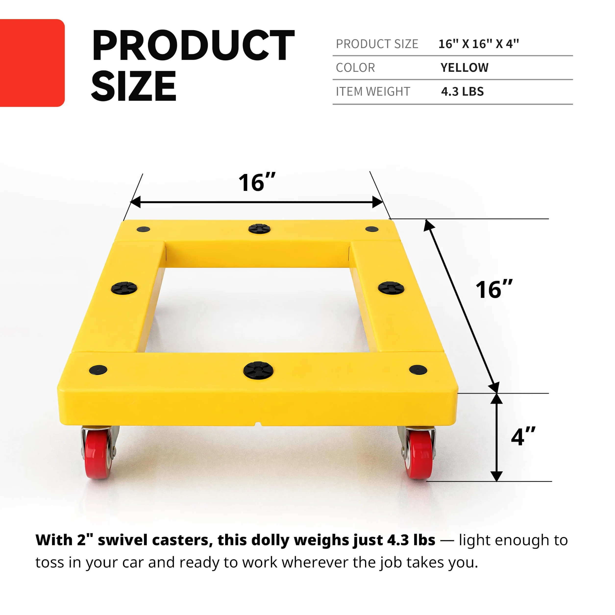 Maxworks 50698 Kwadratowe meble wózek do przenoszenia wózka rolkowego, żółty, nośność 136 kg, 40 cm x 40 cm