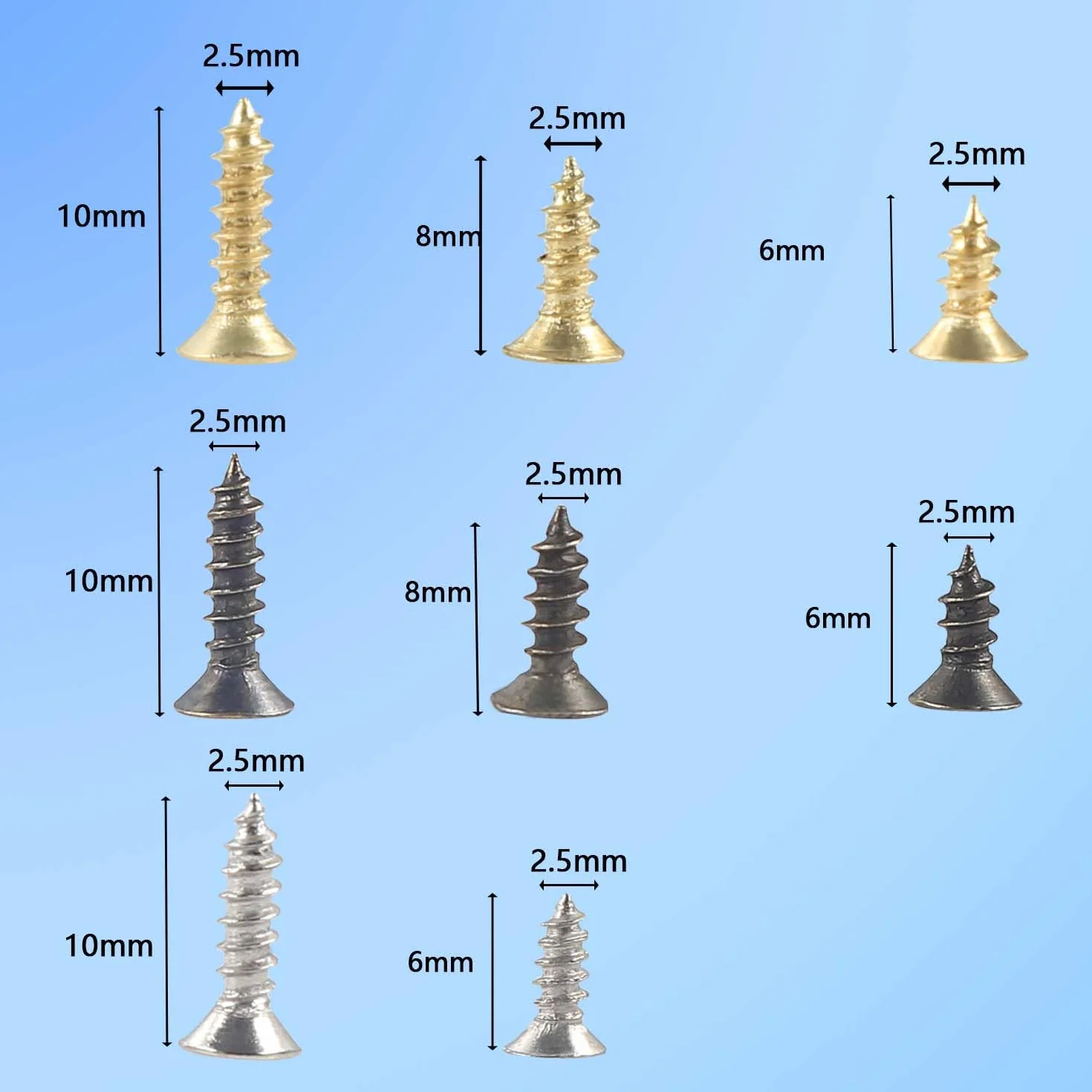 Zestaw małych śrub M2.5, wkręty do drewna, wkręty samogwintujące 6 mm, 8 mm, 10 mm, płaskie śruby do projektów DIY, naprawy, 1600 sztuk, złoty, srebrny, czarny