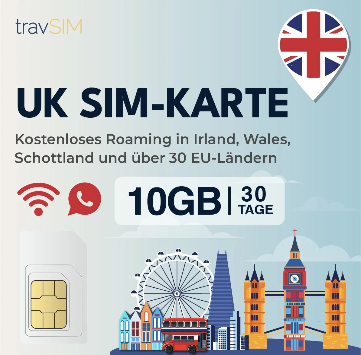 travSIM Karta SIM UK | 10 GB danych z prędkością 4G/5G | Użyj karty SIM dla Europy w Wielkiej Brytanii i 30 krajach UE | Plan karty SIM dla Europy jest ważny przez 30 dni