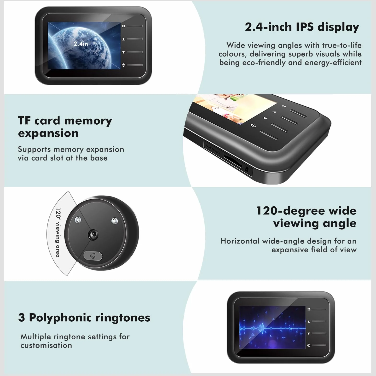 Nikou 2,4-calowy ekran TFT LCD, inteligentny wizjer do drzwi, kamera z dzwonkiem do drzwi, 4 dzwonki, szerokokątny aparat 1 MP 120°, widoczność w nocy, do domu, biura, mieszkania, hotelu