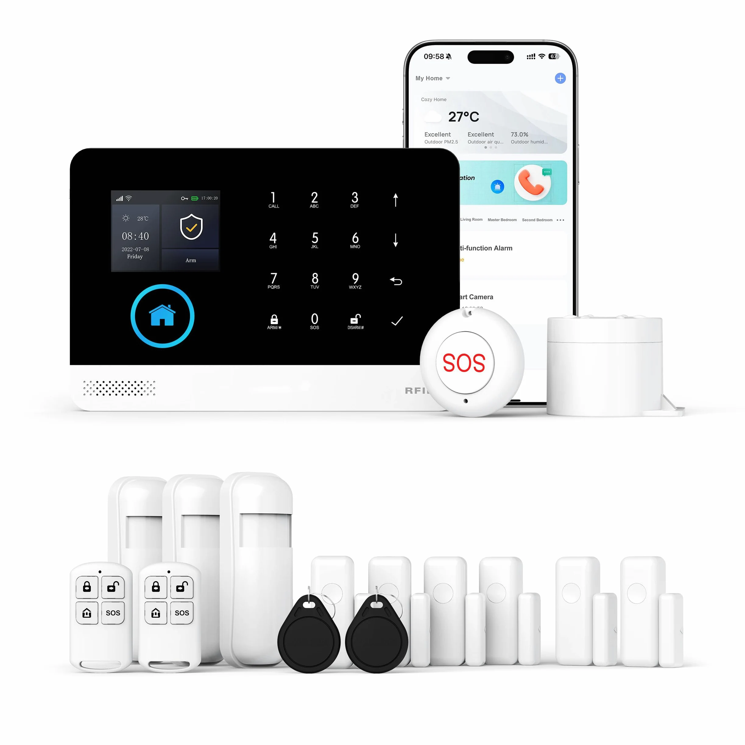 XNY Bezprzewodowy alarm domowy GSM, bezprzewodowy alarm do domu WiFi z aplikacją sterowany, 16 sztuk (czujnik ruchu, czujnik drzwi i okien, syrena, pilot zdalnego sterowania), kompatybilny z Alexa