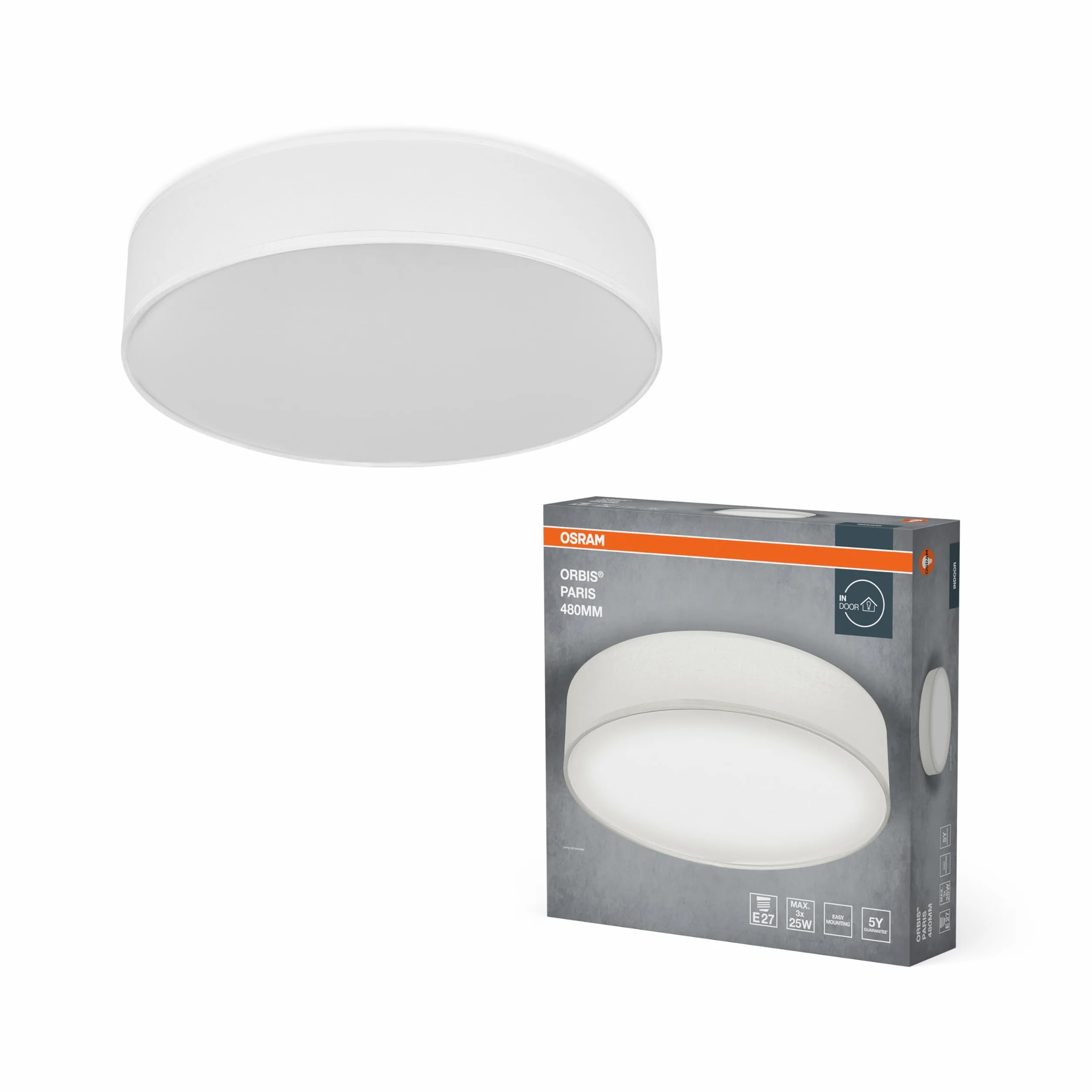 OSRAM Lampa sufitowa ORBIS PARIS 480mm, biała, trzonek 3XE27, możliwość wyposażenia w inteligentną lampę, wysokiej jakości, nowoczesny design, z tekstylnym kloszem, odpowiednia do wnętrz, okrągła, | Orbis Paris, oświetlenie wewnętrzne ścienne, białe, śred