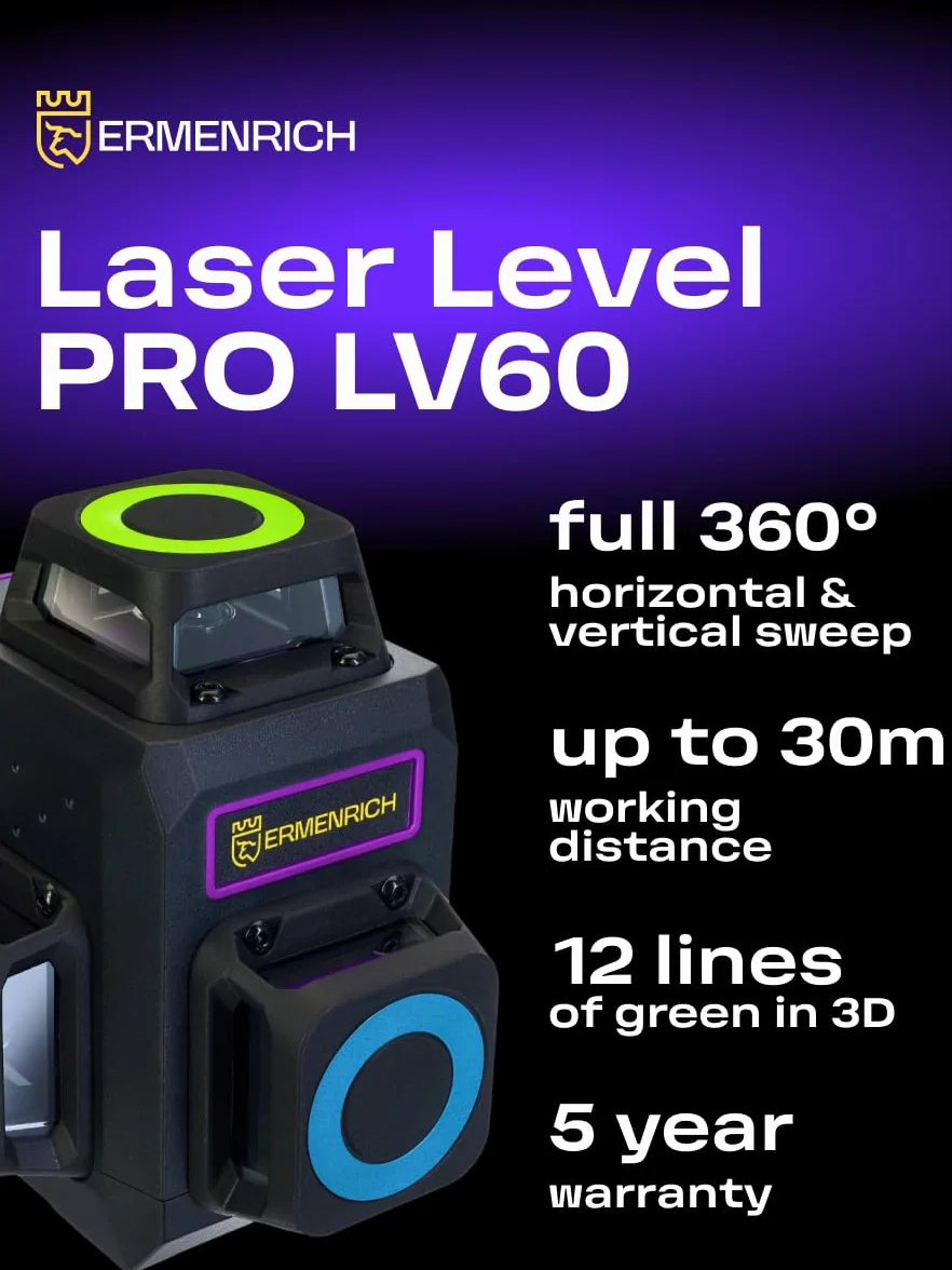 PRO LV60 Samopoziomujący Poziomica Laserowa Tryb Impulsowy 30 m 3D 12 Linii — 360° — IP54 Pilot Zdalnego Sterowania Wbudowany Kompensator Podstawa Statyw Uchwyt Typu C W Zestawie