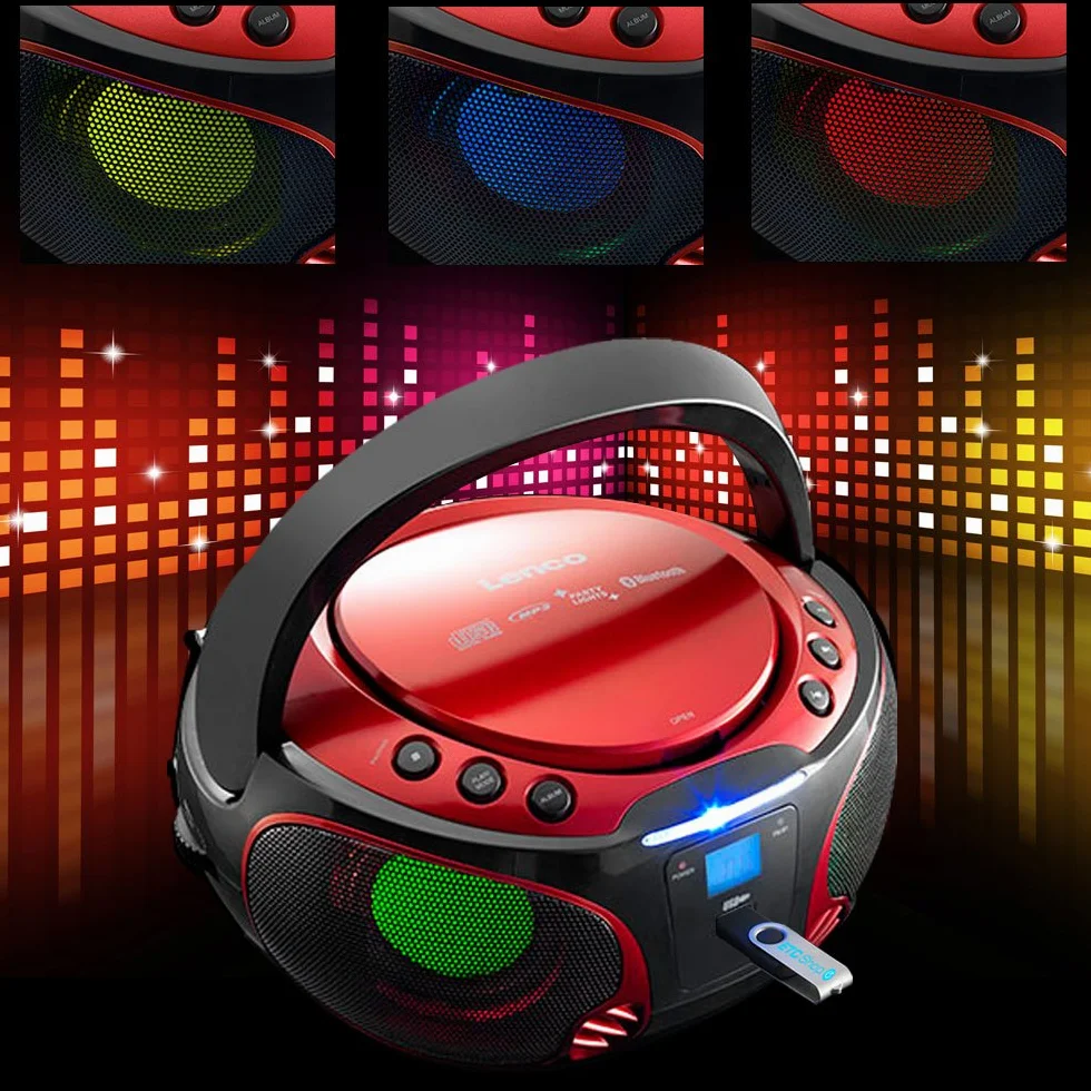 Lenco SCD-550 Boombox imprezowy z oświetleniem dyskotekowym, przenośny stereo, radio FM, CD, Bluetooth, USB, czerwony
