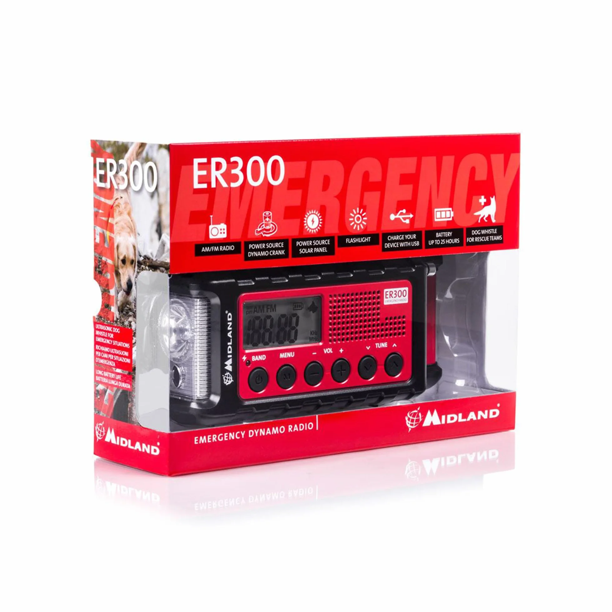 Midland C1173 ER300 Radio z Korbą, Czarny/Czerwony, 2000 mAh
