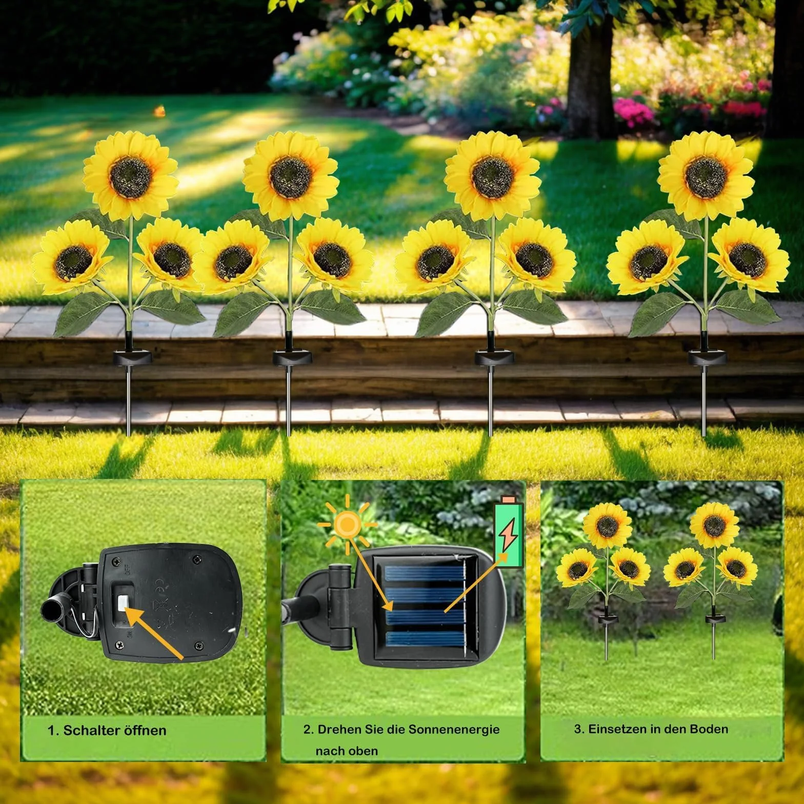 Hqynss Ulepszone solarne lampy słonecznikowe do dekoracji ogrodowych, lampy solarne do ogrodu, wodoodporne IP65, do dekoracji trawnika, na urodziny, Boże Narodzenie, prezenty ogrodnicze, 2 szt