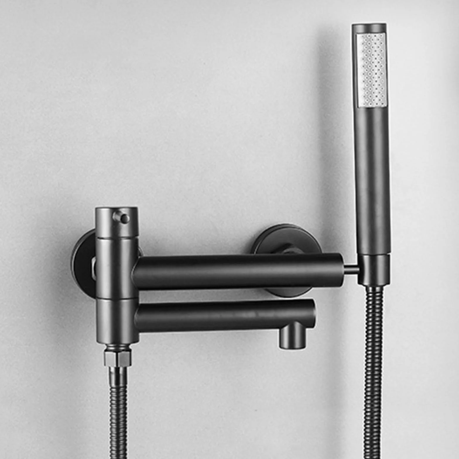 Zestawy prysznicowe, Bateria wannowo-natryskowa ścienna, szara, obrotowa, 90 mm, bateria wannowa z pojedynczą dźwignią, zestaw głowicą natryskową i wężem dla przedsiębiorstw