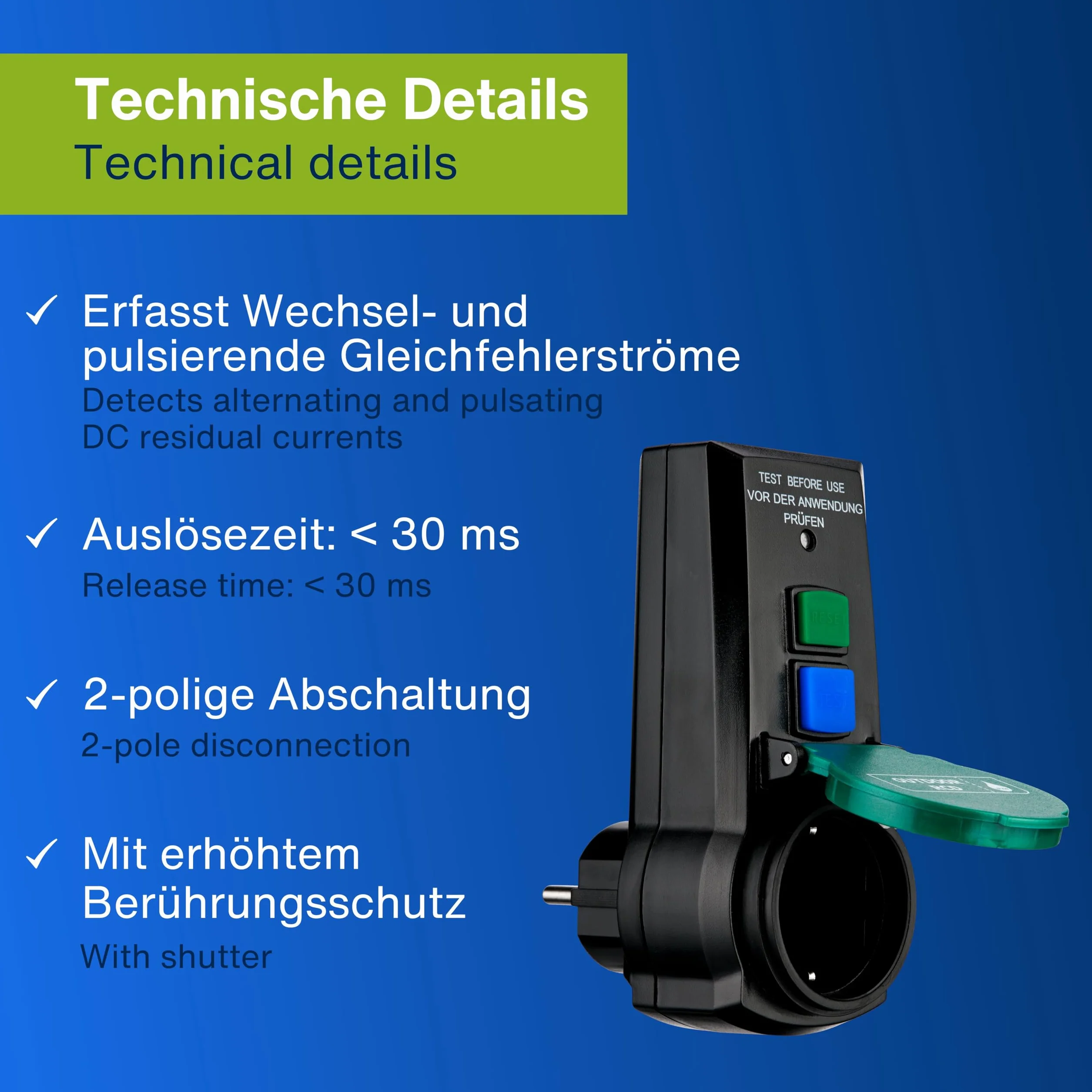 REV Gniazdo DI, wyłącznik automatyczny, adapter gniazdka, IP44, czas wyzwalania 30 ms, 3600 W, czarny