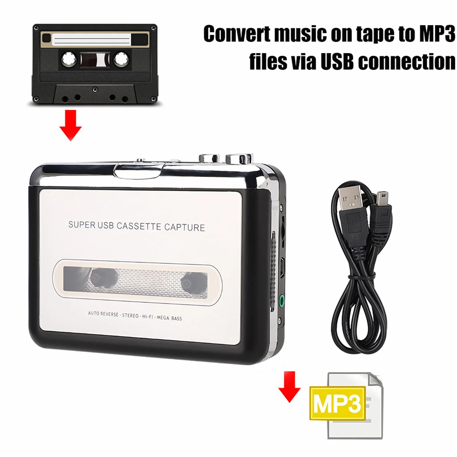 Odtwarzacz Kasetowy USB, Konwersja Starych Taśm do MP3, Przenośny Ręczny Odtwarzacz Taśmowy, łatwe w Użyciu Połączenie USB, Nagrywanie na CD z Oprogramowaniem