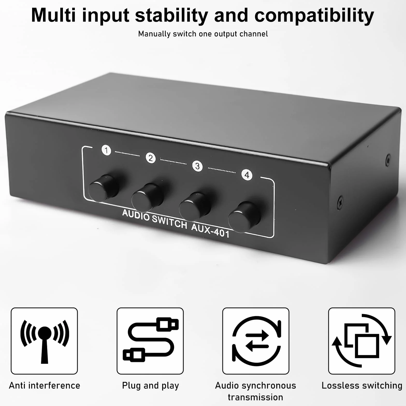 Aicharynic Przełącznik audio, przełącznik audio 4 w 1 wyjście, przełącznik audio pomocniczy 3,5 mm + RCA L/R, dwukierunkowy przełącznik audio, pole wyboru audio, rozdzielacz audio