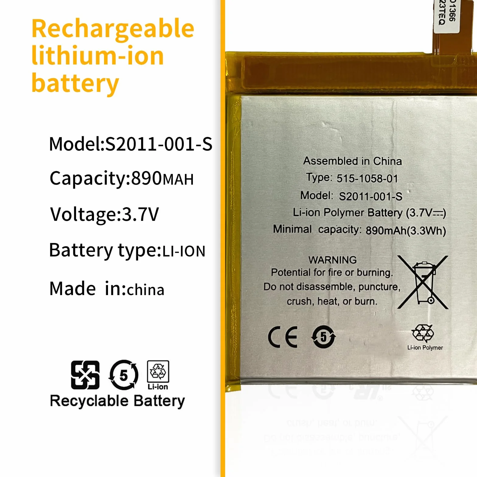 Bateria 3,7V 890mAh 3,3Wh do E-Book E-Reader S2011-001-S