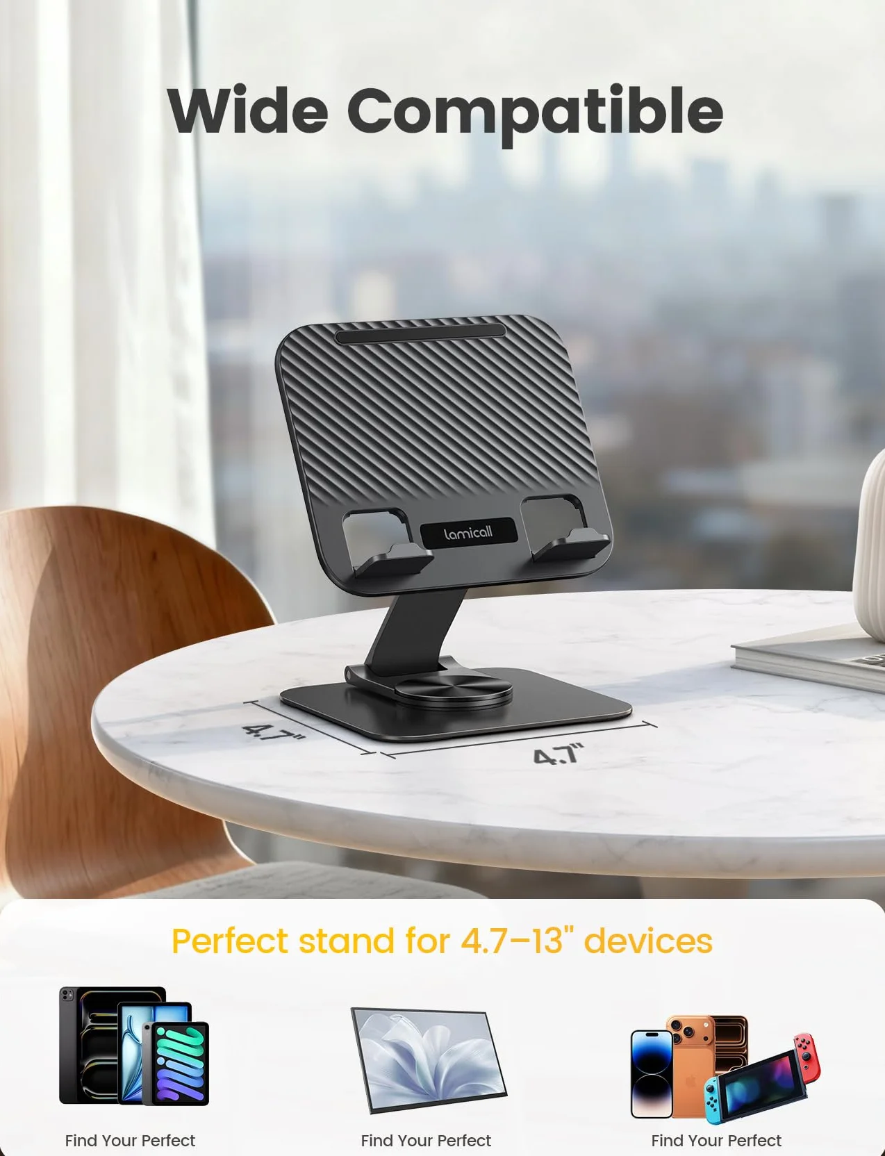 Lamicall stojak na tablet, uchwyt stołowy - [360° obrotowa metalowa podstawa] składany stojak na iPad do biurka, regulowany uchwyt na tablet, stojak na tablety dla iPad Pro Air Mini, Samsung, 4,7-13"