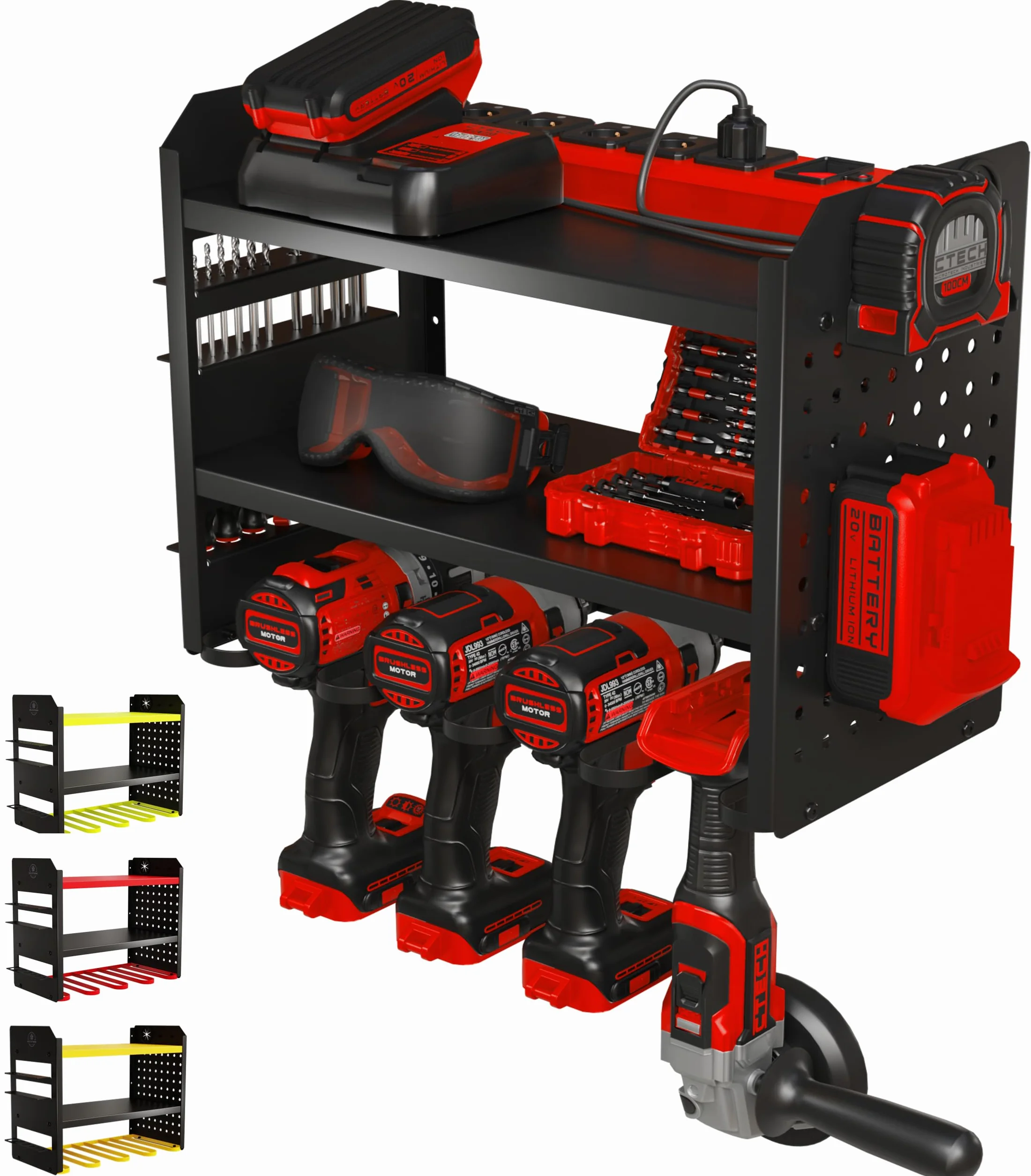 BUILTSTRONG Power Tool Organizer Wall Mount - 3-Tier Heavy-Duty Metal Hand Tool Storage Rack, Utility Racks, Drill Holder, PegBoard Side, & More - Garage Storage Cordless Tool Organizer (Black)