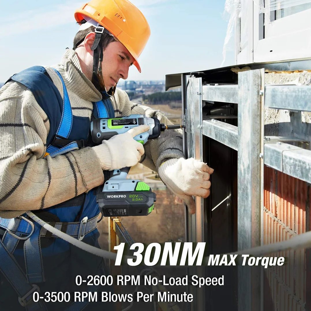 WORKPRO 2-częściowy zestaw wkrętarek akumulatorowych 20 V 2,0 Ah, 2 akumulatory i ładowarka w zestawie z 6-częściowym wiertłem i 10-częściowym bitem