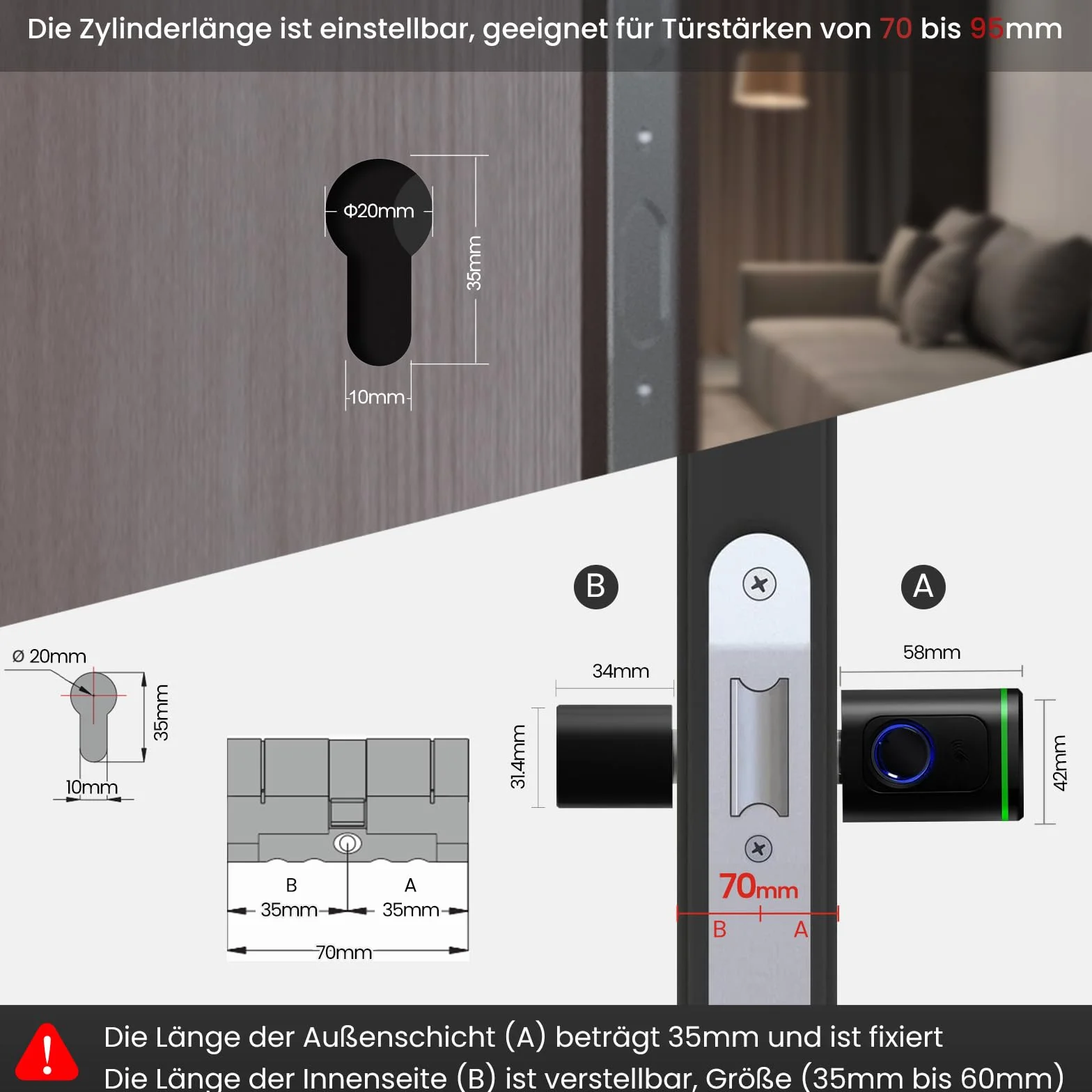 AVATTO Inteligentny elektroniczny zamek do drzwi, cylinder 70 mm (35/35) z odciskiem palca, 2 klucze, karta IC, kontrola aplikacji Smart Life/Tuya, Bluetooth, zamek cylindryczny