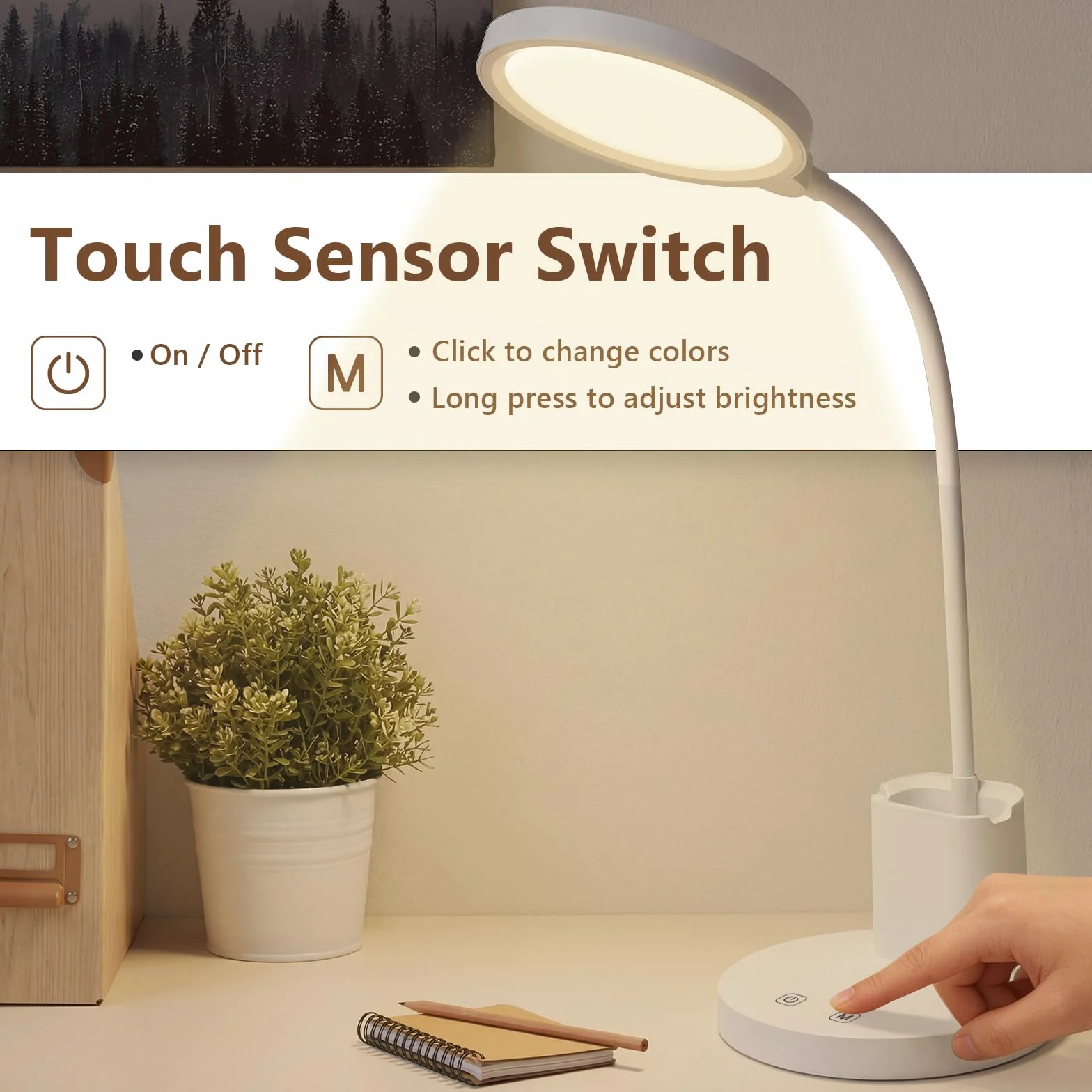 LQWELL Lampka biurkowa LED Touch dla dzieci i dorosłych, 360°, gęsia szyja, 3 kolory i regulacja jasności, z uchwytem na długopis i telefon, przewód zasilający 1,2 m, wtyczka, kolor biały