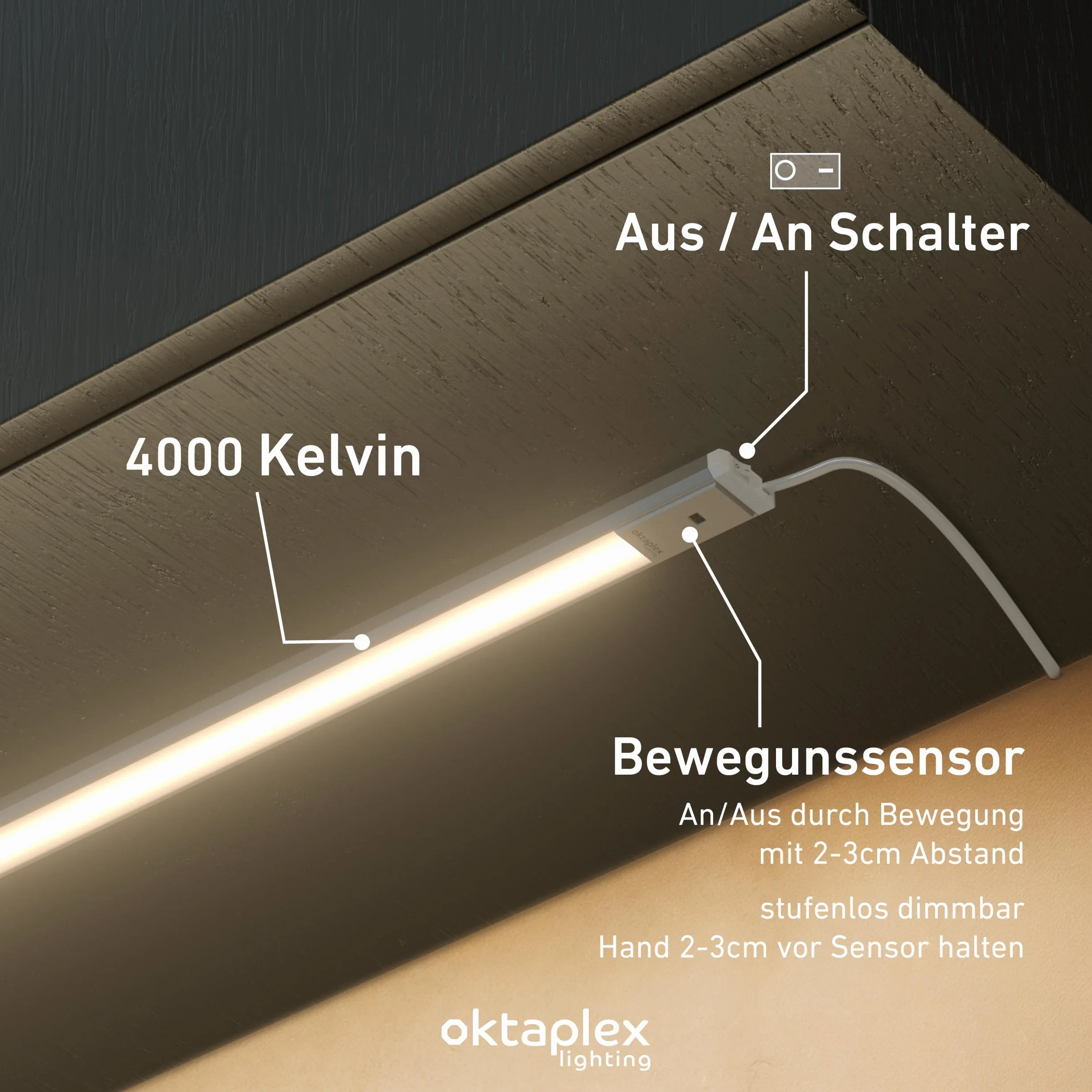 Oktaplex Riva lampa podszafkowa LED 90 cm ściemniana neutralna biel 760 lm płaskie oświetlenie kuchni z czujnikiem lampa podszafkowa 9,9 W srebrna