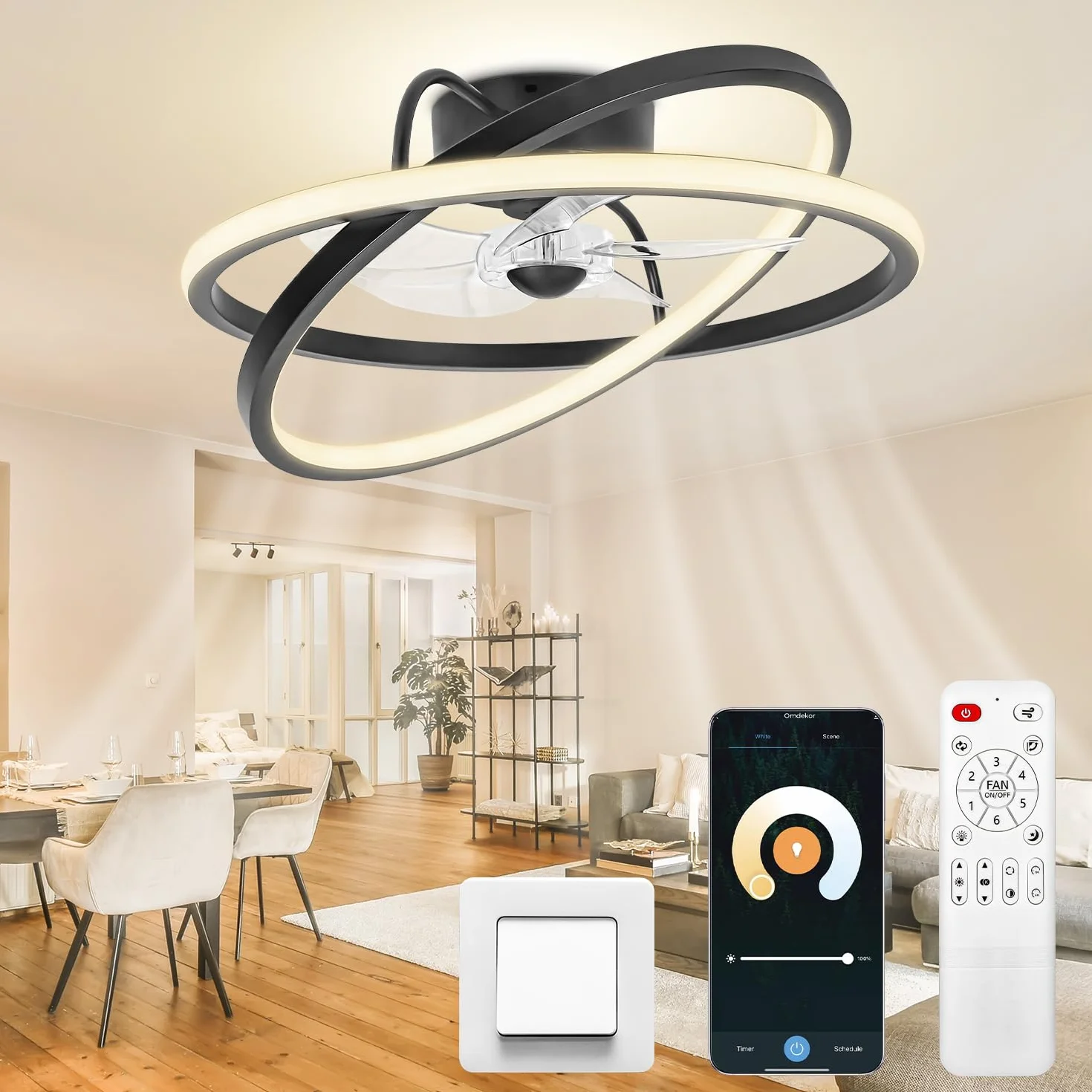Wentylator sufitowy ze światłem, wentylator sufitowy 50 cm z inteligentną aplikacją, nowoczesna i cicha lampa sufitowa, 3 temperatury barwowe, 6 prędkości do salonu, sypialni, kuchni