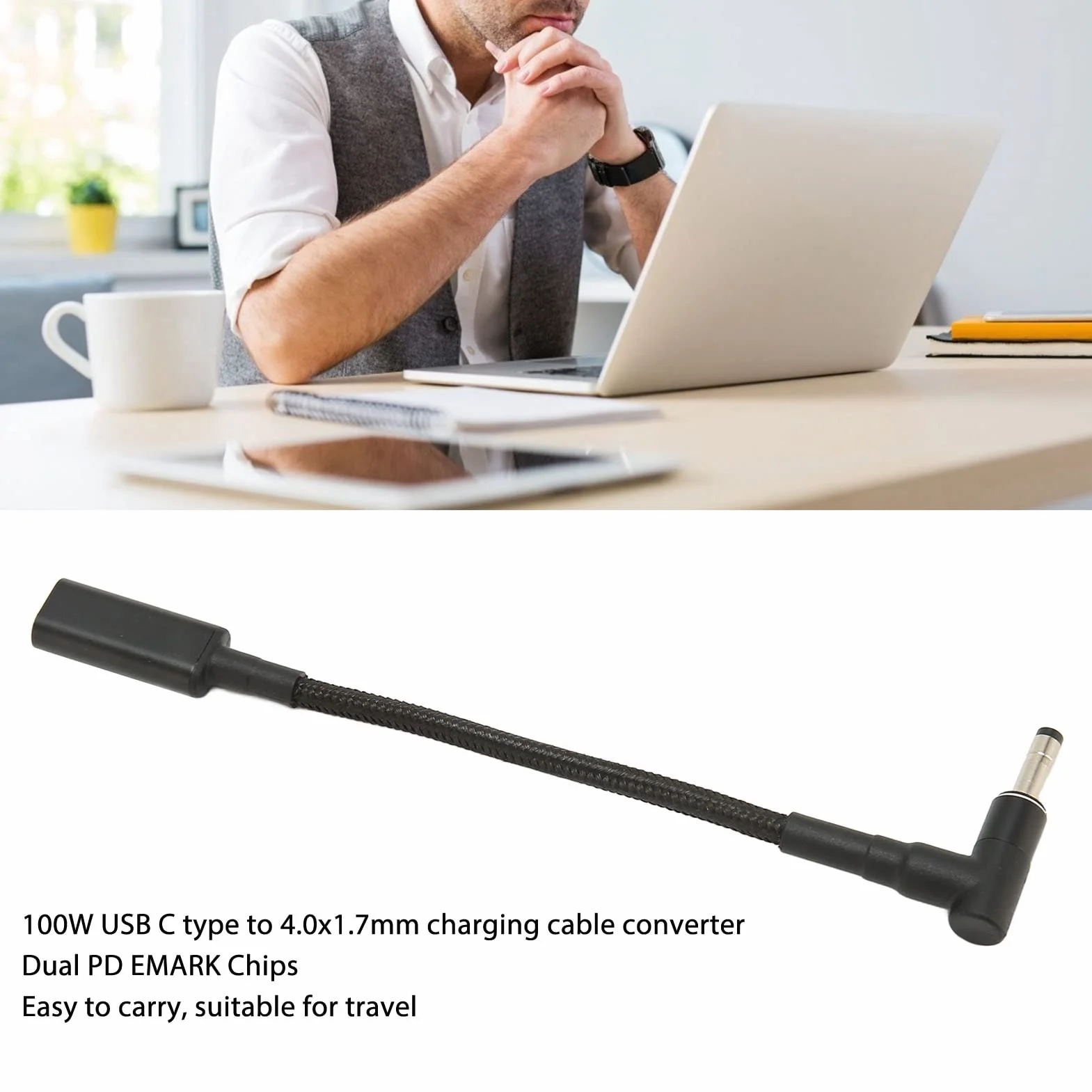 Przewód ładujący Adapter, USB C żeński na 4.0x1.7mm DC Męski Adapter 100W Podwójny PD EMARK Chip Konwerter Wtyczki Adapter do ładowania Laptopa