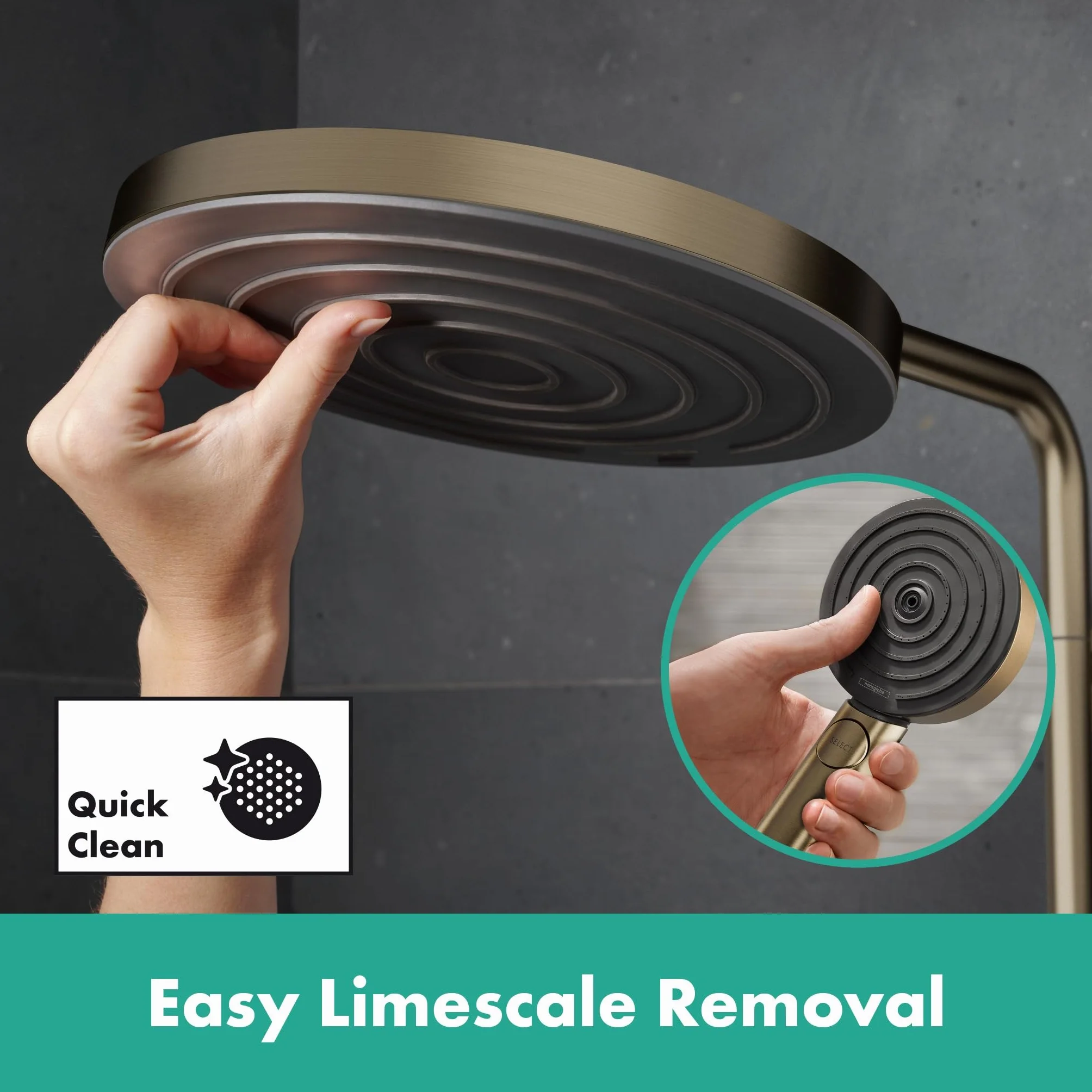 hansgrohe Pulsify S Puro - komplet prysznicowy z termostatem, zestaw prysznicowy z główką prysznicowa 3-strumieniowa, wąż, szyna i deszczownica okrągła (⌀ 260 mm), brąz szczotkowany, 24236140