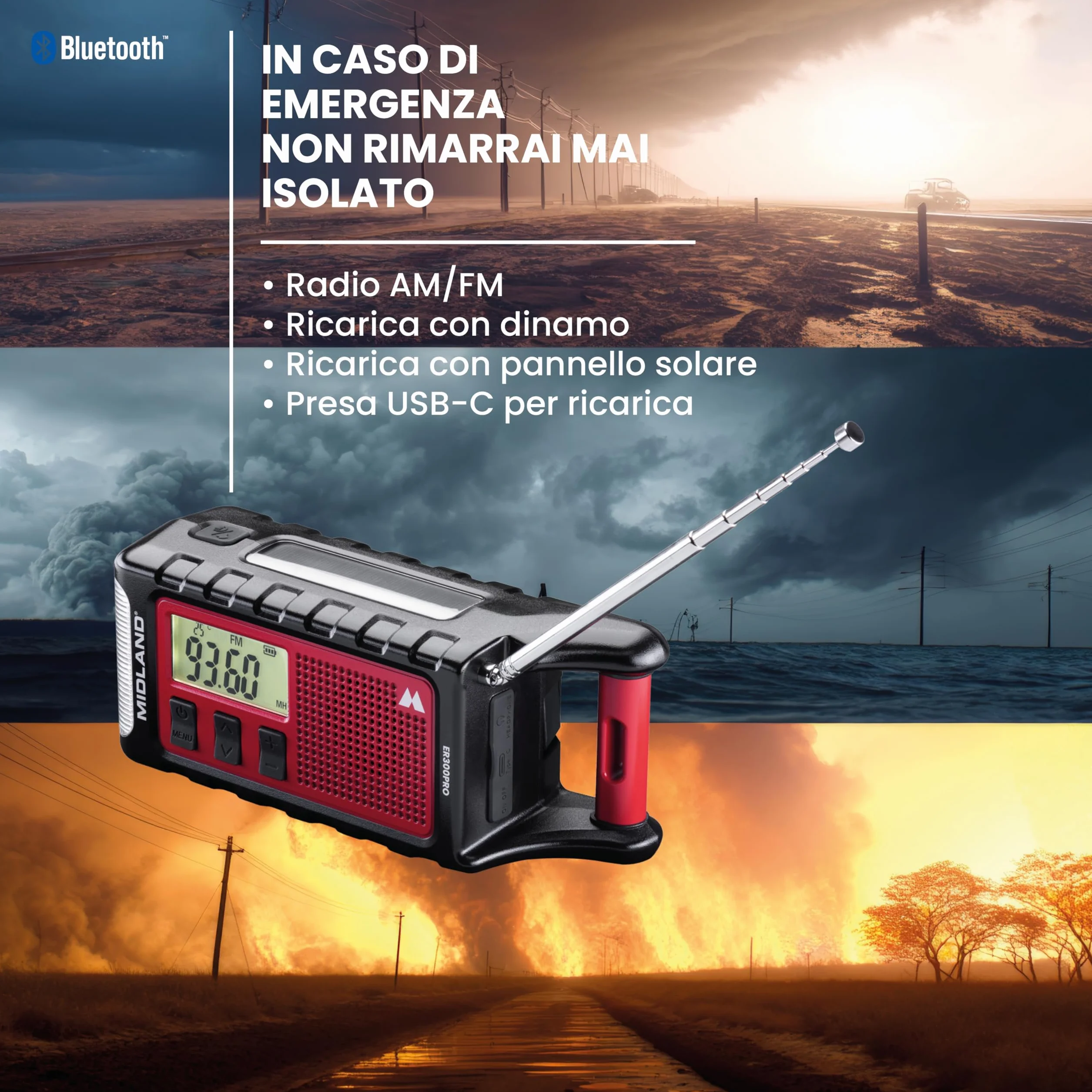 Midland ER300 Pro radio awaryjne AM/FM z baterią USB-C 10000 mAh Bluetooth