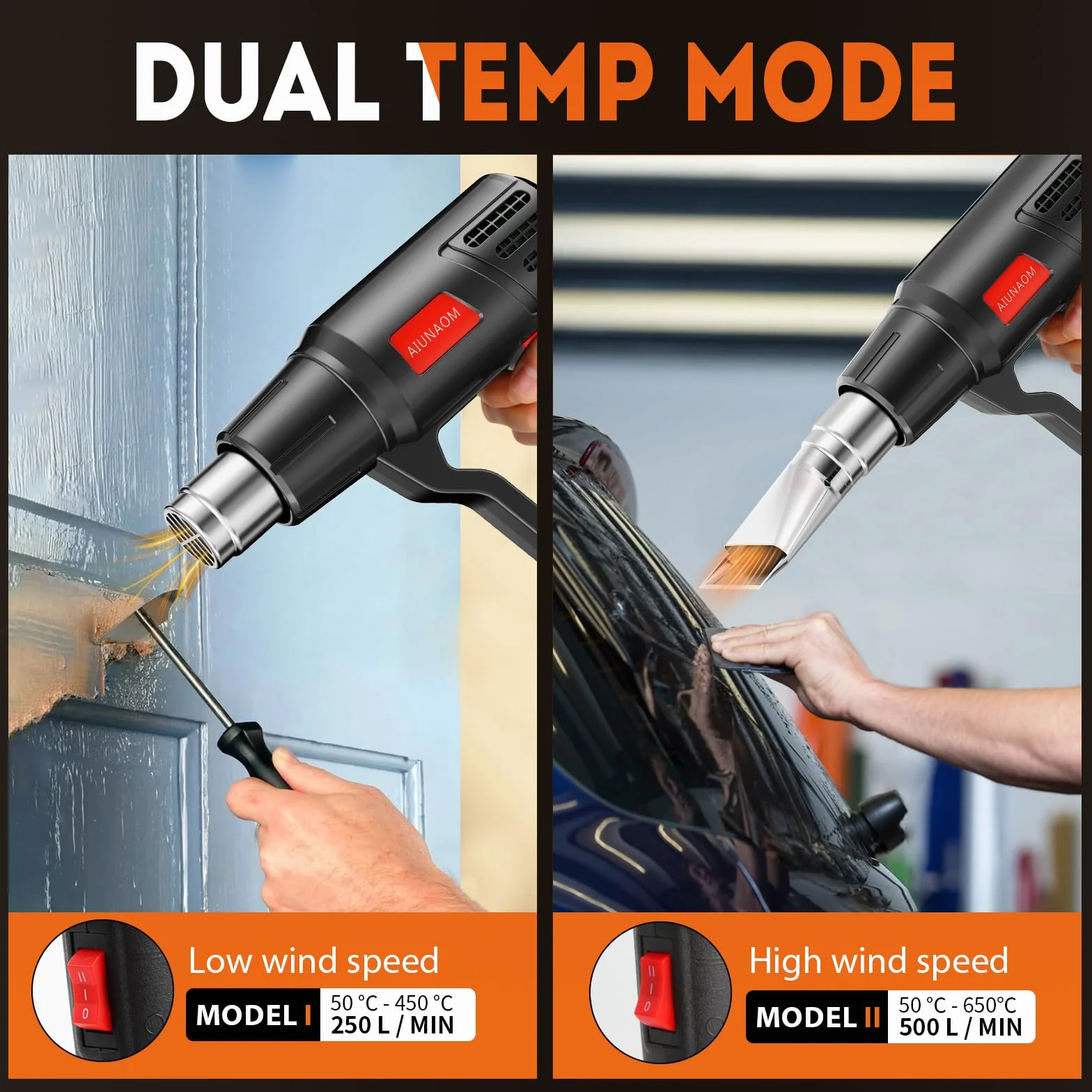 AIUNAOM Pistolet na gorące powietrze 2000W, 50℃-650℃, z bezstopniową regulacją temperatury i 2 ustawieniami przepływu powietrza. Idealny do ogrzewania, odmrażania i spawania