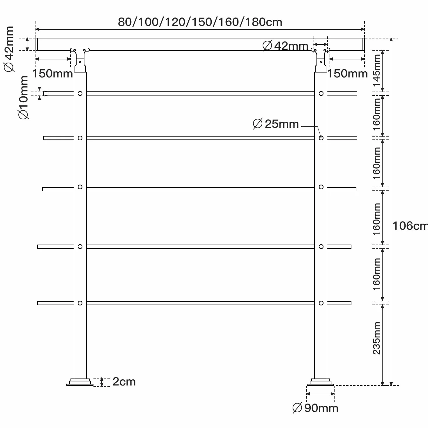 Poręcz schodowa ze stali nierdzewnej 150 cm Ø 42 mm z akcesoriami