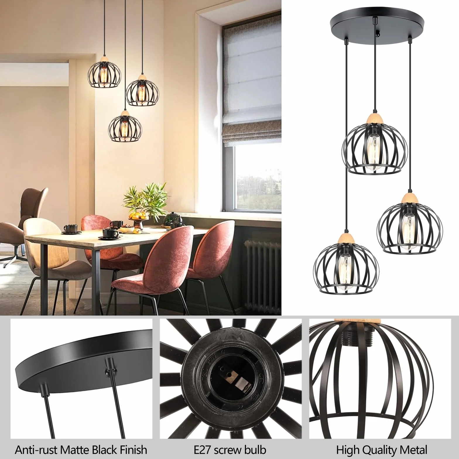 iDEGU 3 Światła Nowoczesny żyrandol wiszący 20 cm Vintage Drewniane i metalowe lampy sufitowe Projekt klatki Lampa wisząca do sypialni salonu kuchni restauracji (okrągła, czarna)