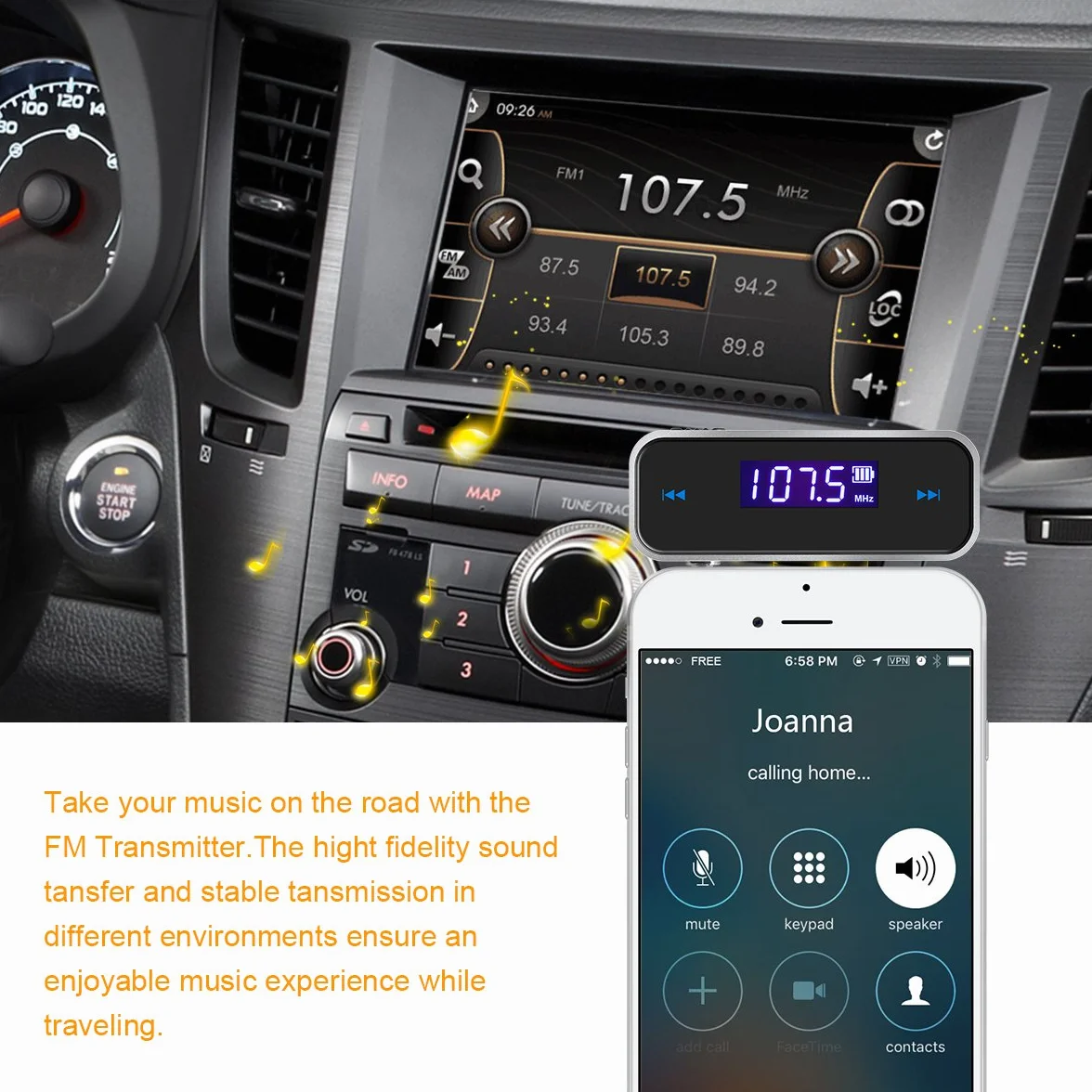 Nadajnik FM, nadajnik FM Radio FM Radio TechKen do iPhone'a, telefonów komórkowych z systemem Android, iPad, iPod, 2,4"
