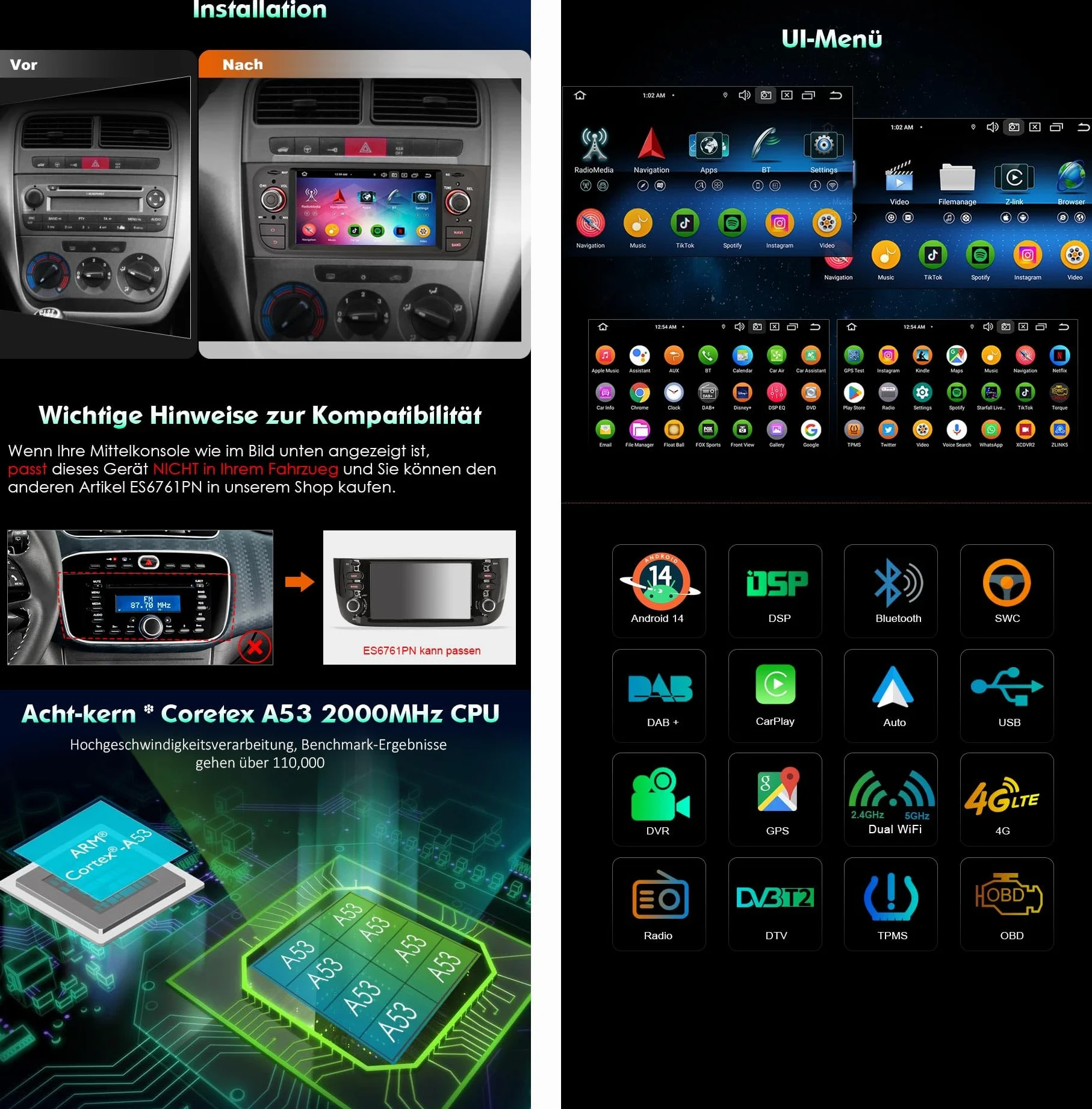 Radio samochodowe Android 14 8-rdzeniowy 4 GB RAM 64 GB ROM GPS Bluetooth CarPlay dla FIAT Grande Punto Linea
