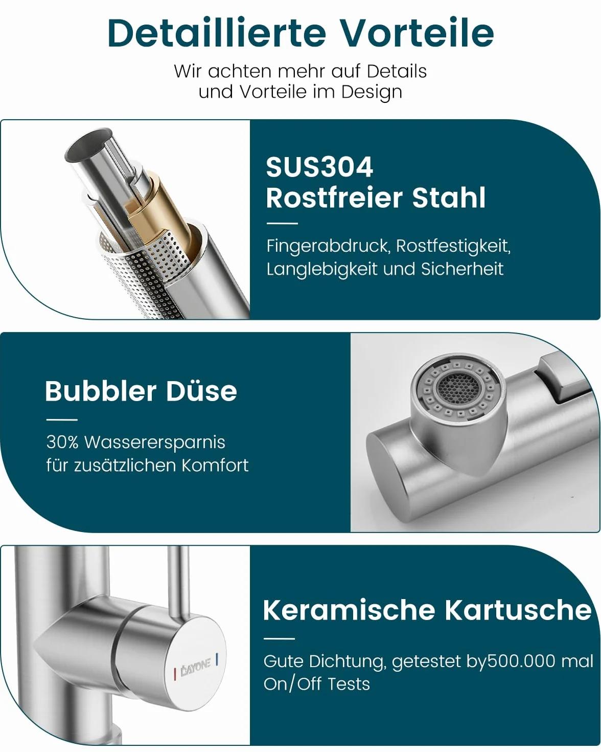 DAYONE Kran kuchenny niskociśnieniowy z wylewką, wyciągany, armatura kuchenna z 3 przyłączami do bojlera, obracana o 360°, bateria mieszakowa, dwa rodzaje strumienia wody, armatura zlewozmywakowa