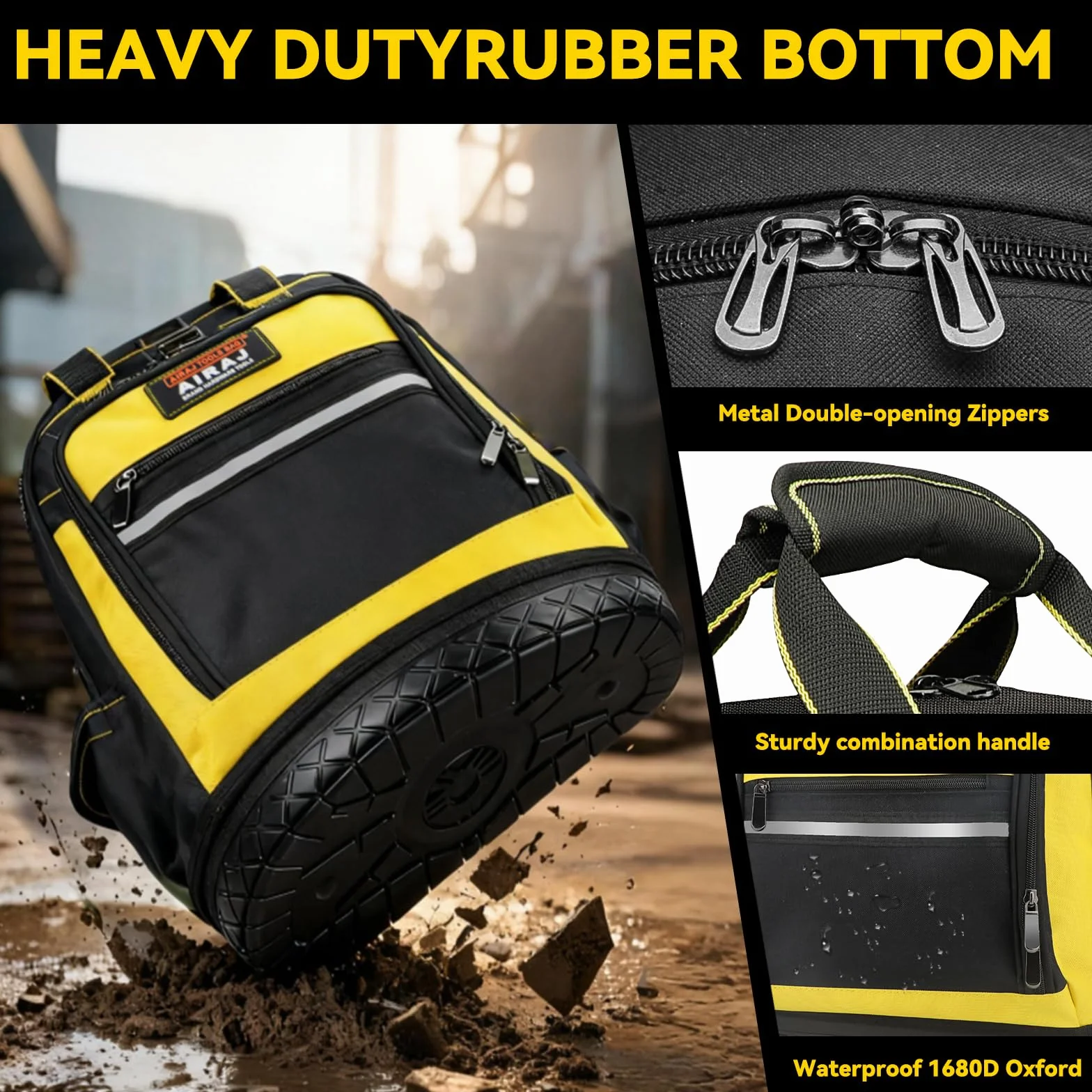 AIRAJ Plecak na narzędzia 43 cm, z gumowym dnem, wytrzymały 1680D, ergonomiczny tył, dla elektryków, hydraulików, pracowników konserwacyjnych, plecak na narzędzia