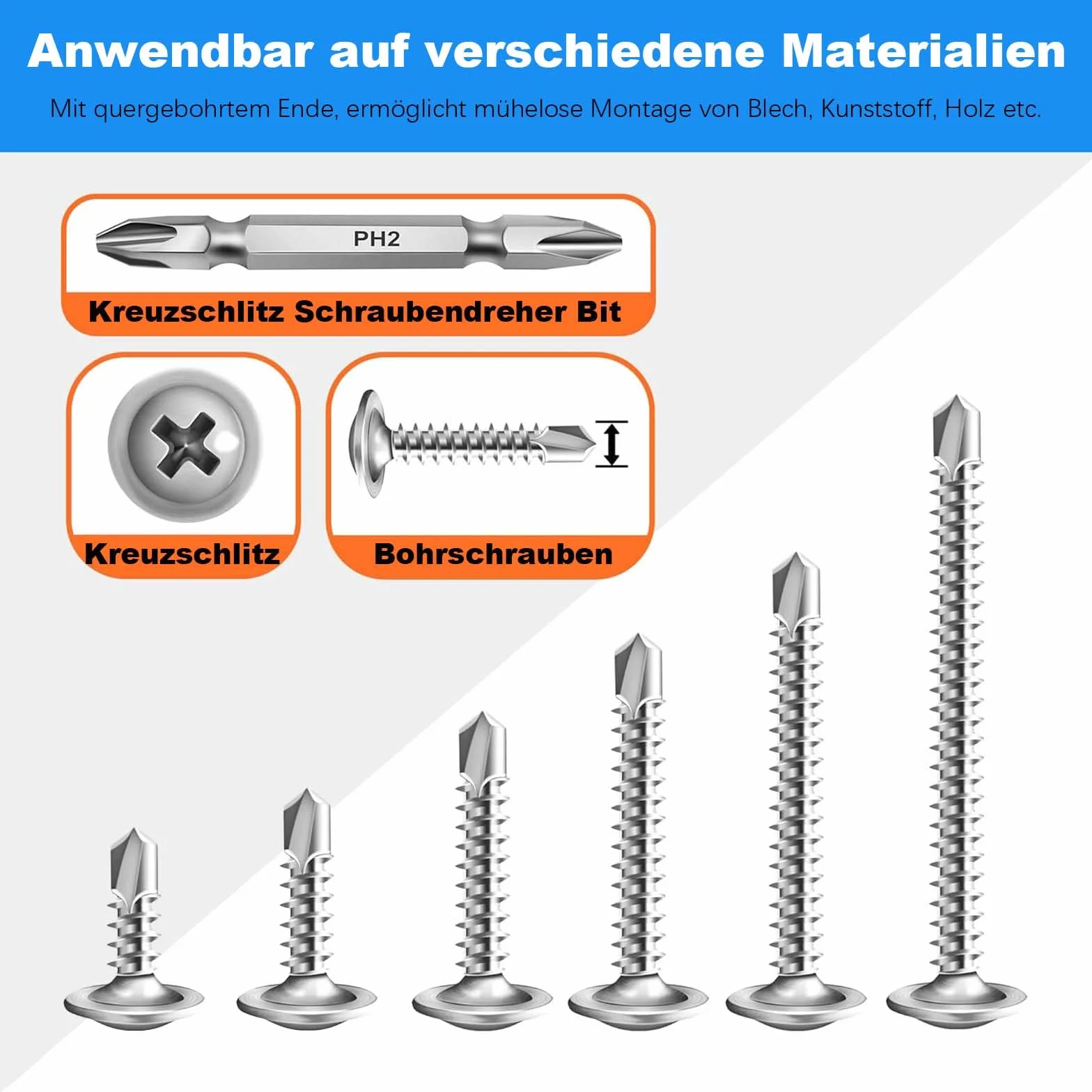 50 sztuk śrub do blach 4,2 x 16 mm, śruby wiertnicze, śruby samogwintujące ze stali nierdzewnej, śruby z gniazdem krzyżakowym, z końcówką śrubokręta