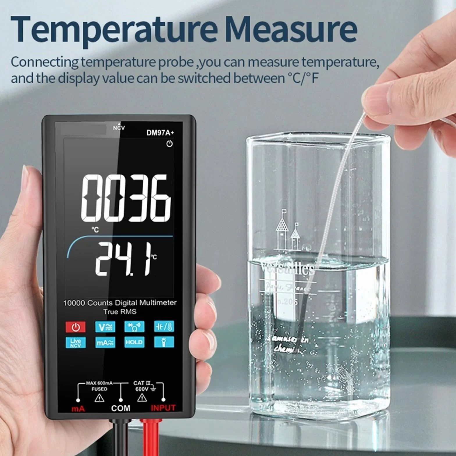 Multimetr cyfrowy, 10000 liczników kolorowy ekran multimetr pomiar temperatury inteligentny multimetr NCV True RMS cyfrowy multimetr miernik napięcia Wszechstronne możliwości pomiarowe(DM97A color)