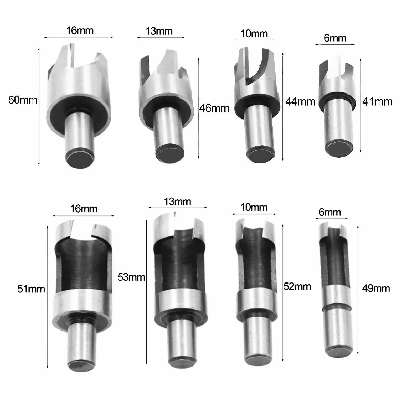 ANBOO Zestaw wierteł do drewna, 8 sztuk, ze stali węglowej, 6 mm, 10 mm, 13 mm, 16 mm, z nożem do czopów i wiertłami stożkowymi