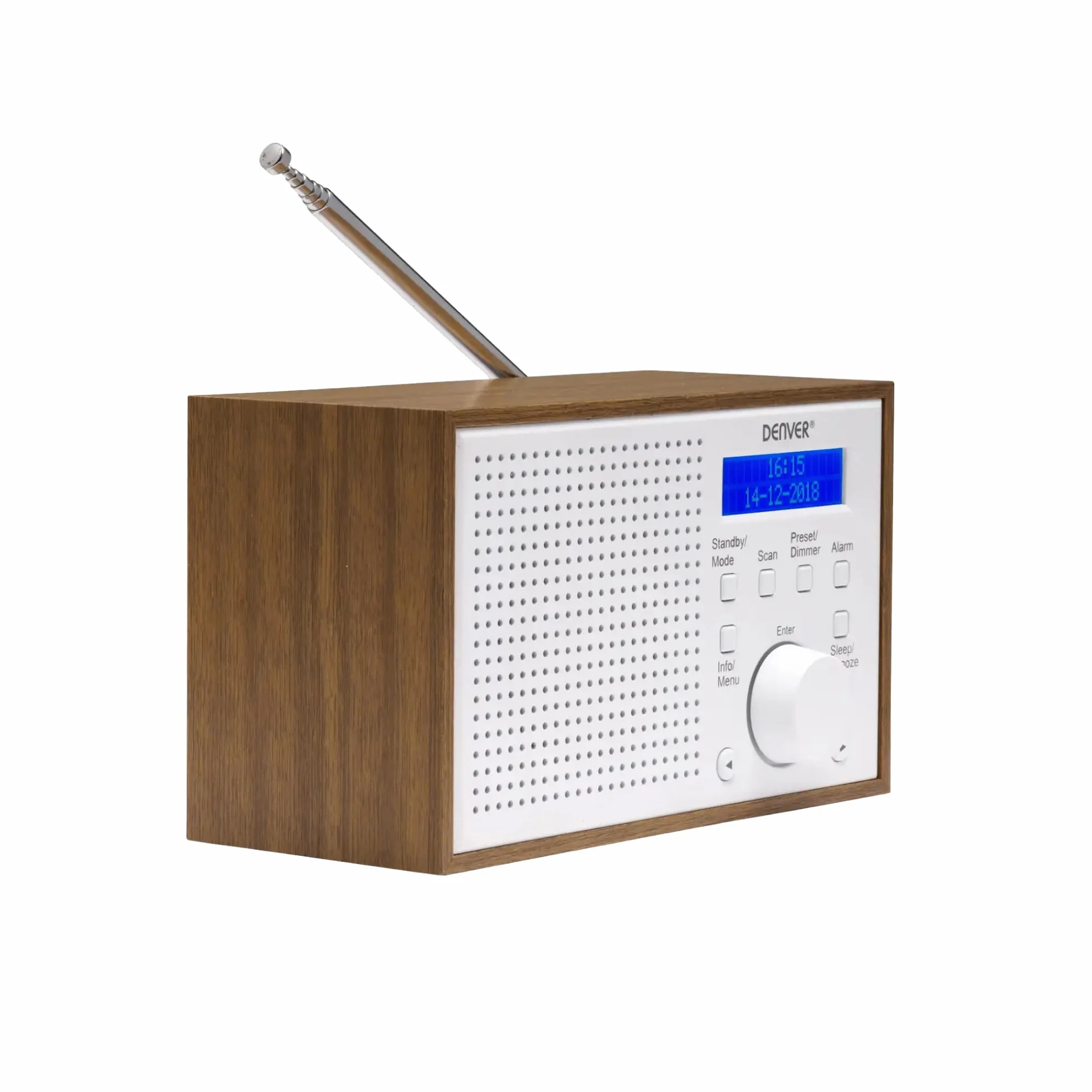 Denver DAB-46 DAB+ Radio FM Zegar Budzik 2 W Wyjście Audio Drewniane Białe