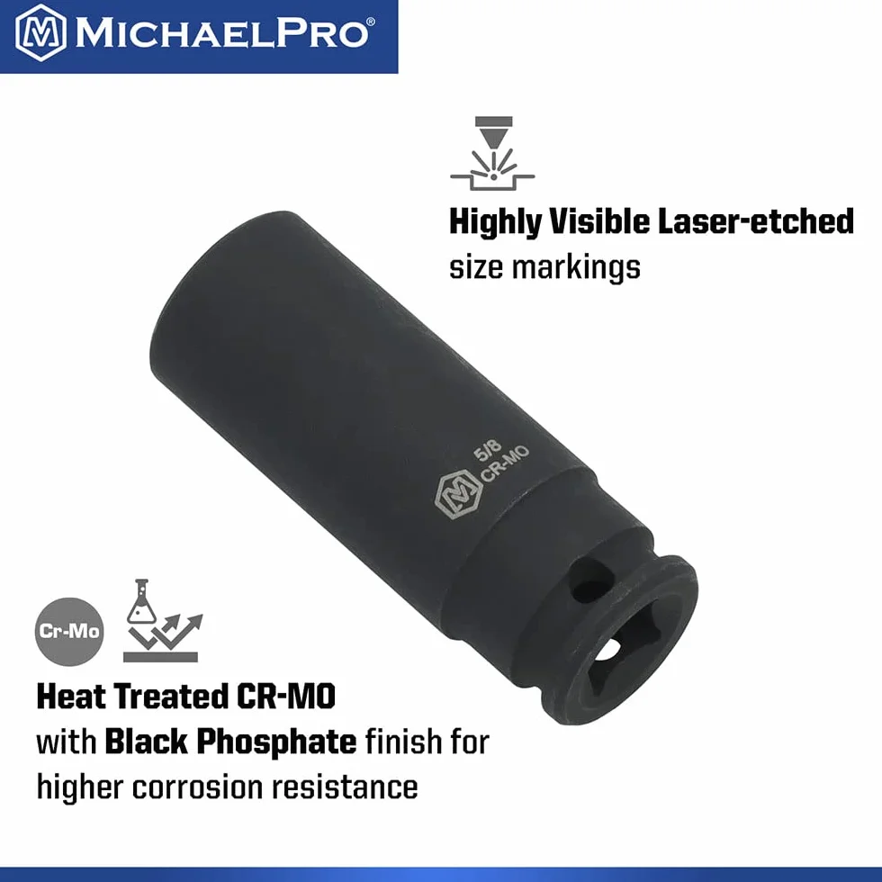 MichaelPro MP005035 Zestaw nasadek udarowych 3/20.3 cm, metryczne i standardowe rozmiary SAE (od 5/40.6 cm do 3/10.2 cm i 8 do 24 mm), 48-częściowy zestaw gniazd standardowych i głębokich, CR-MO