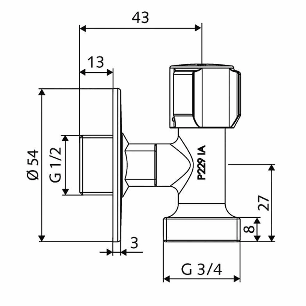 Zawór przyłączeniowy Schell 1/2" x 3/4", oszczędność miejsca w trudnych sytuacjach montażowych, z rozetą ścienną i wygodnym uchwytem ABS, wyprodukowano w Niemczech