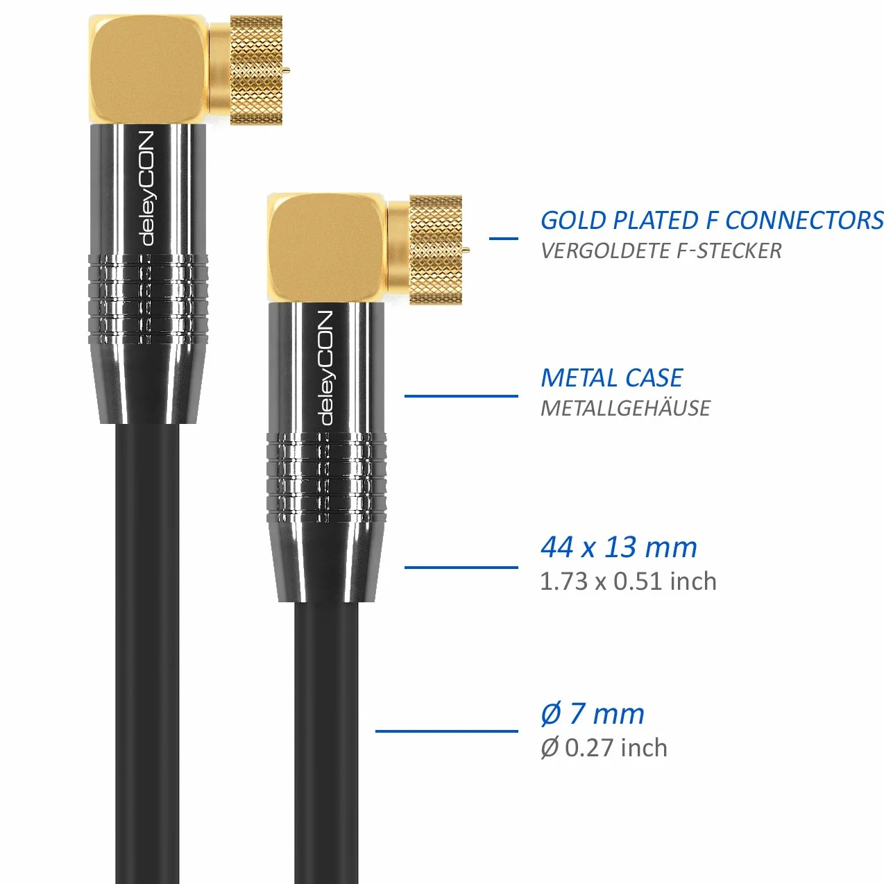 deleyCON 1,5m SAT Kabel Antenowy 4K Ultra-HD Full HD HDTV Koncentryczny 2x Kątowy Wtyk F 90° Metalowe Czarny