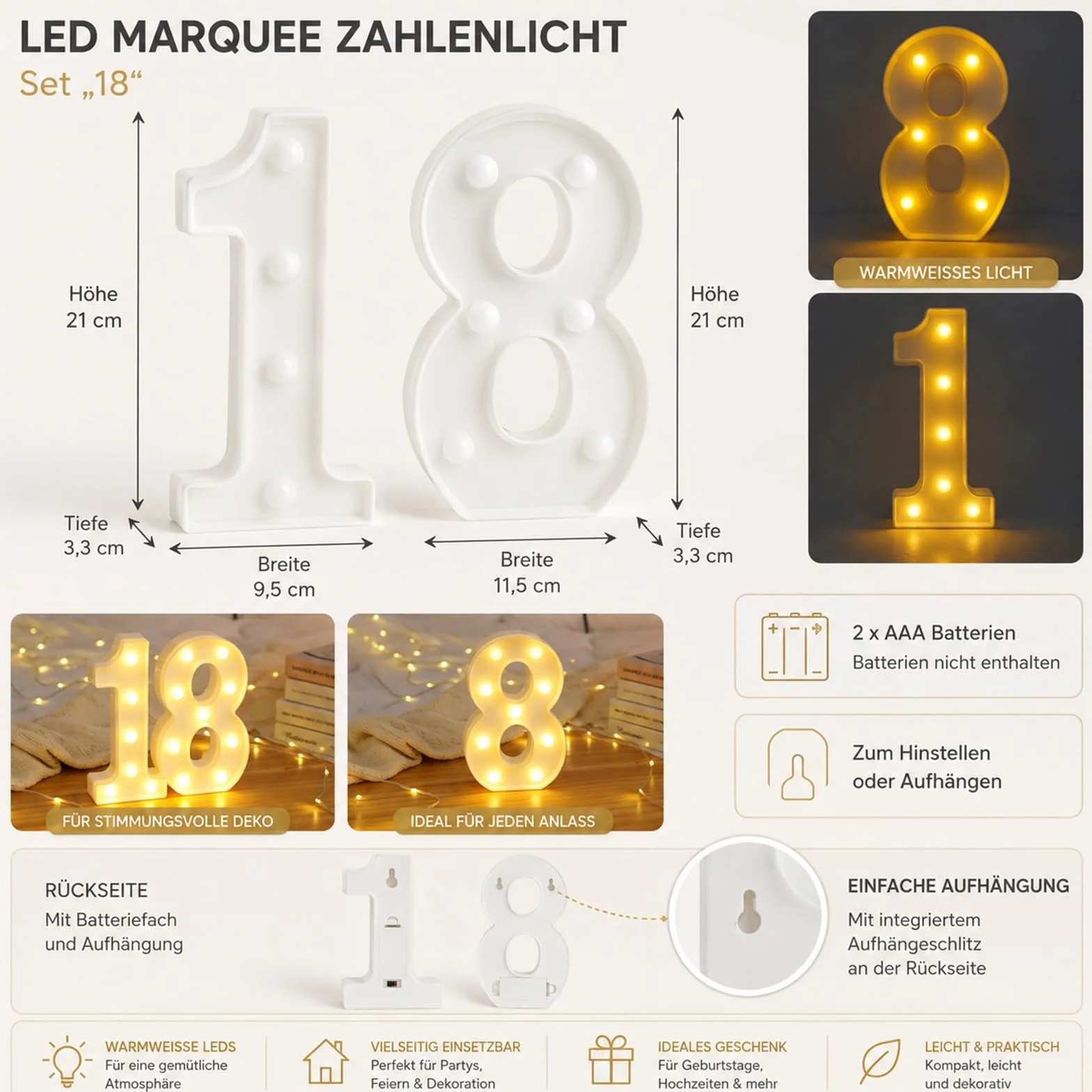 ENLACE Lampka LED z cyfrą 18, ciepłe, białe światło, zasilana bateryjnie, dekoracyjna lampka stołowa na urodziny i imprezy