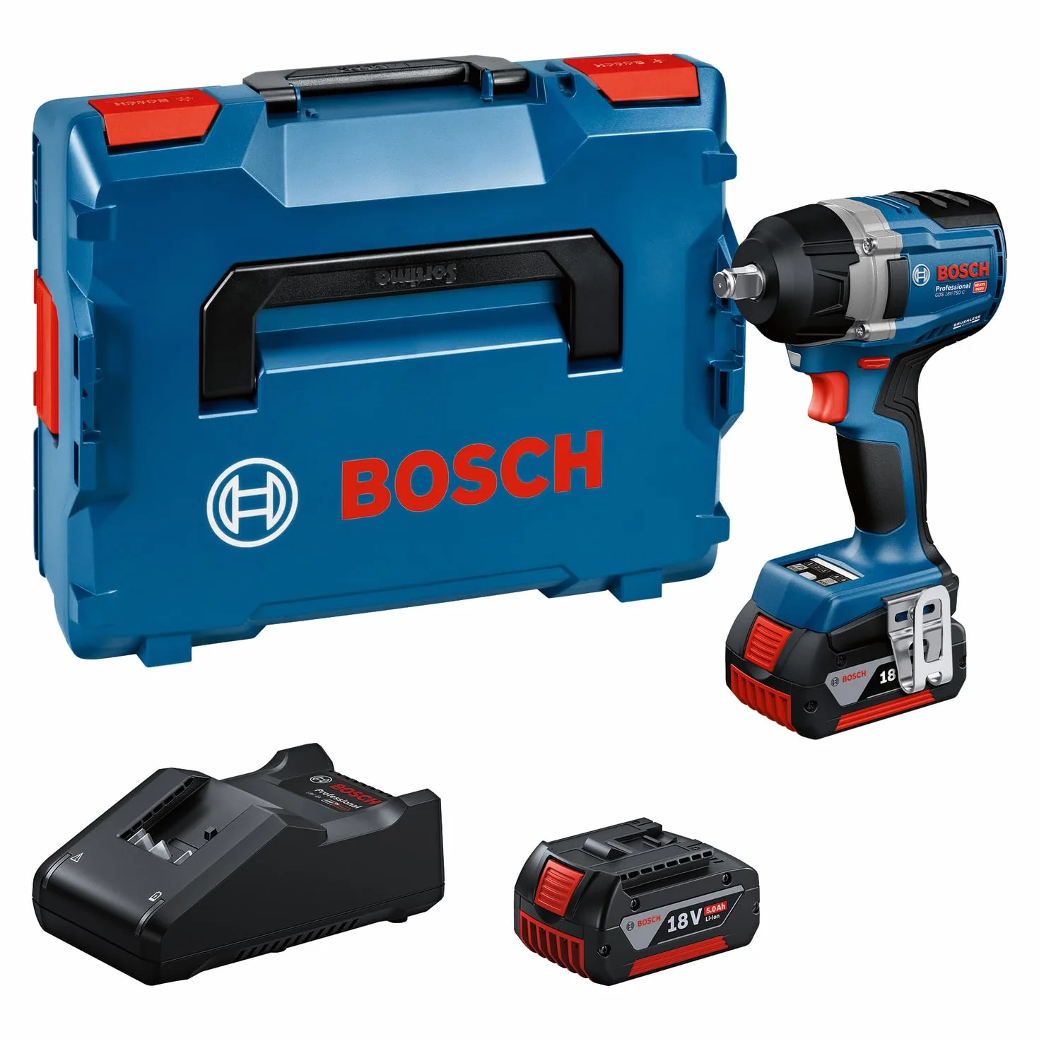 Bosch Professional 18 V firmy Bosch: akumulatorowy klucz udarowy GDS 18V-750 C (2x GBA 5.0Ah, ładowarka GAL 18V-40, walizka L-BOXX)