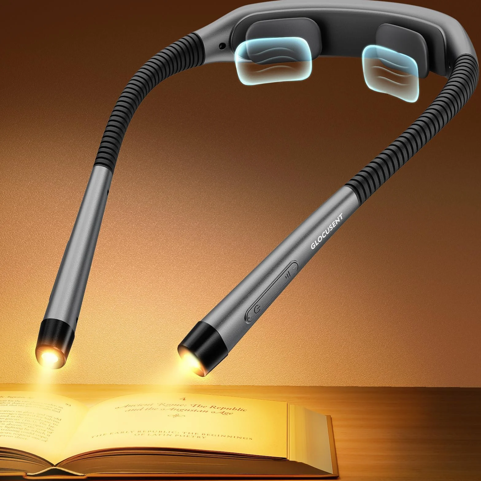 Glocusent Lampki do czytania książek w łóżku, 1600mAh Lampka na szyję i lampka do czytania książek: 3 kolory i 5 bezstopniowych poziomów jasności, timery i pomoc w zasypianiu, blokada podróżna