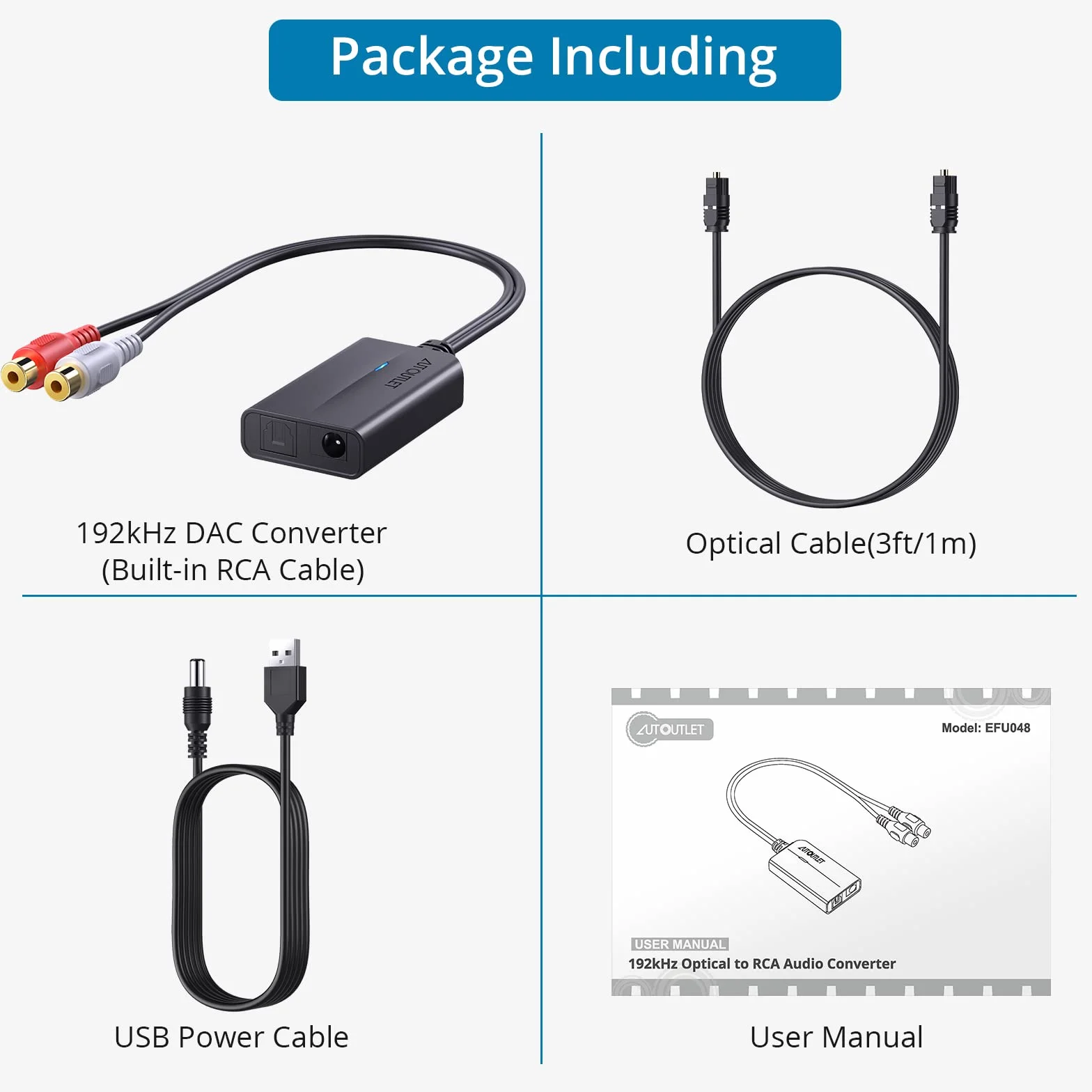 AUTOUTLET Konwerter DA 192 kHz DAC cyfrowy na analogowy audio SPDIF Toslink do RCA z kablem optycznym 1 m do HDTV DVD Blu-ray Sky