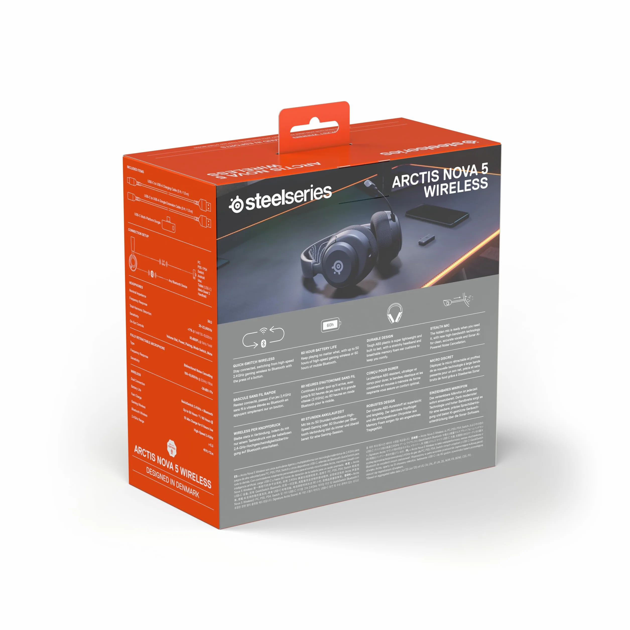 SteelSeries Arctis Nova 5 -słuchawki wi-fi do gier– neodymowe przetworniki magnetyczne– Ponad 100 ustawień wstępnych dźwięku– 60 godz baterii– 2,4 GHz lub BT– Mik.ClearCast Gen2– PC,PS5,Switch,telefon