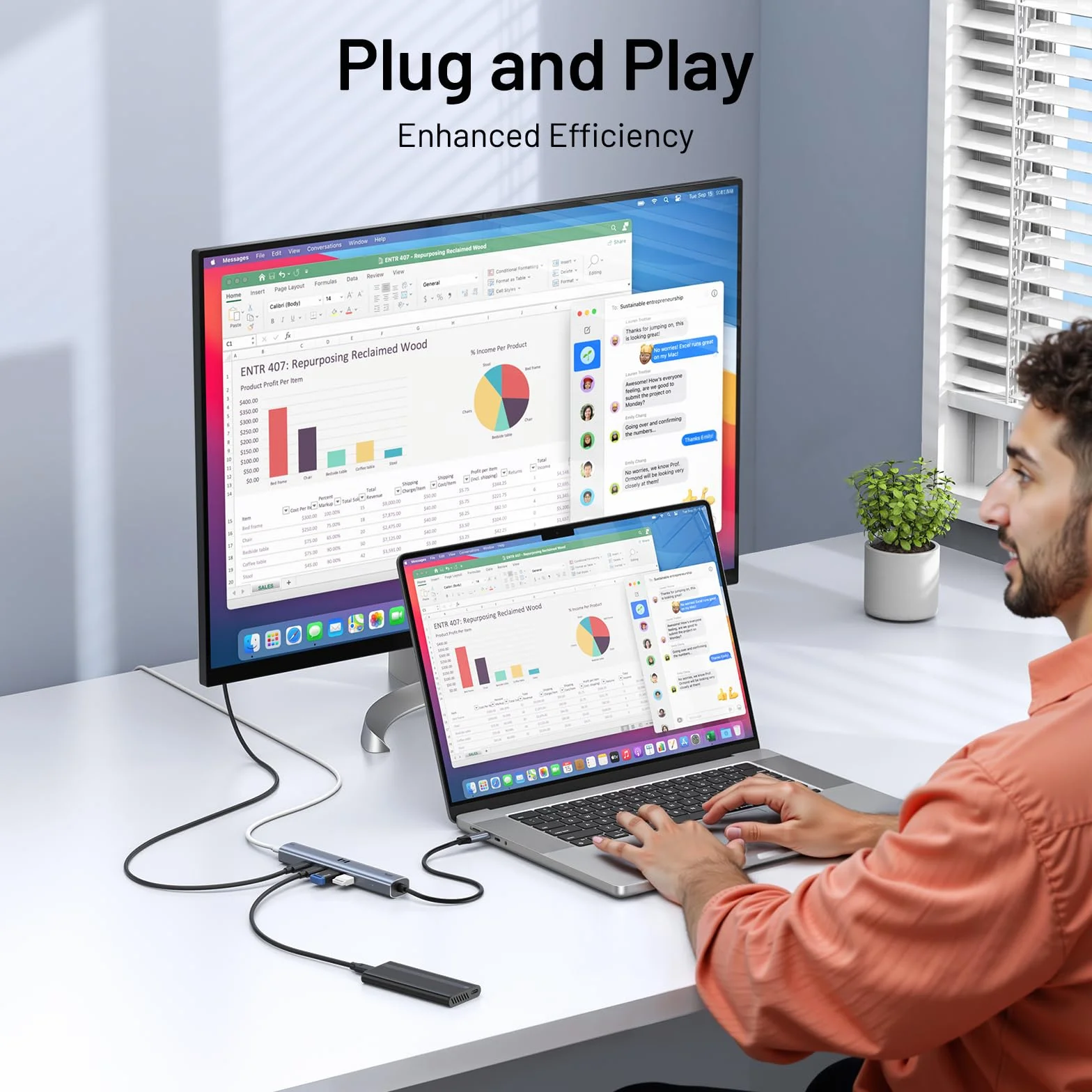 Koncentrator wideo USB C, typ C, 10 Gb/s, 5 w 1, koncentrator USB C, adapter z wyświetlaczem USB C 4K, 60 Hz i 10 Gb/s, 3 porty danych USB 3.1 Gen2, 100 W PD do MacBooka Pro/Air M2 M1, Dell, HP