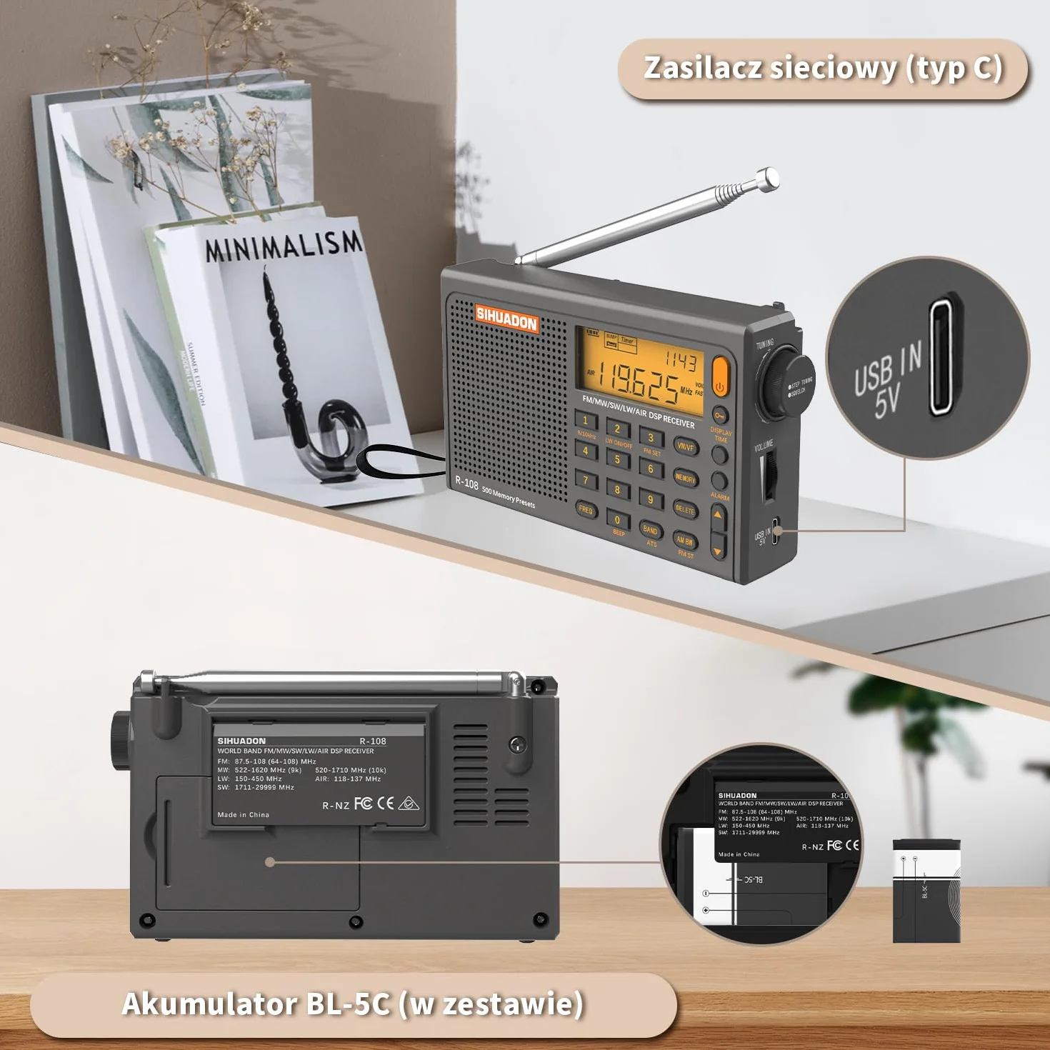 Radio przenośne SIHUADON R108 FM SW MW z czystym odbiorem, gniazdo słuchawkowe, timer, budzik, szary