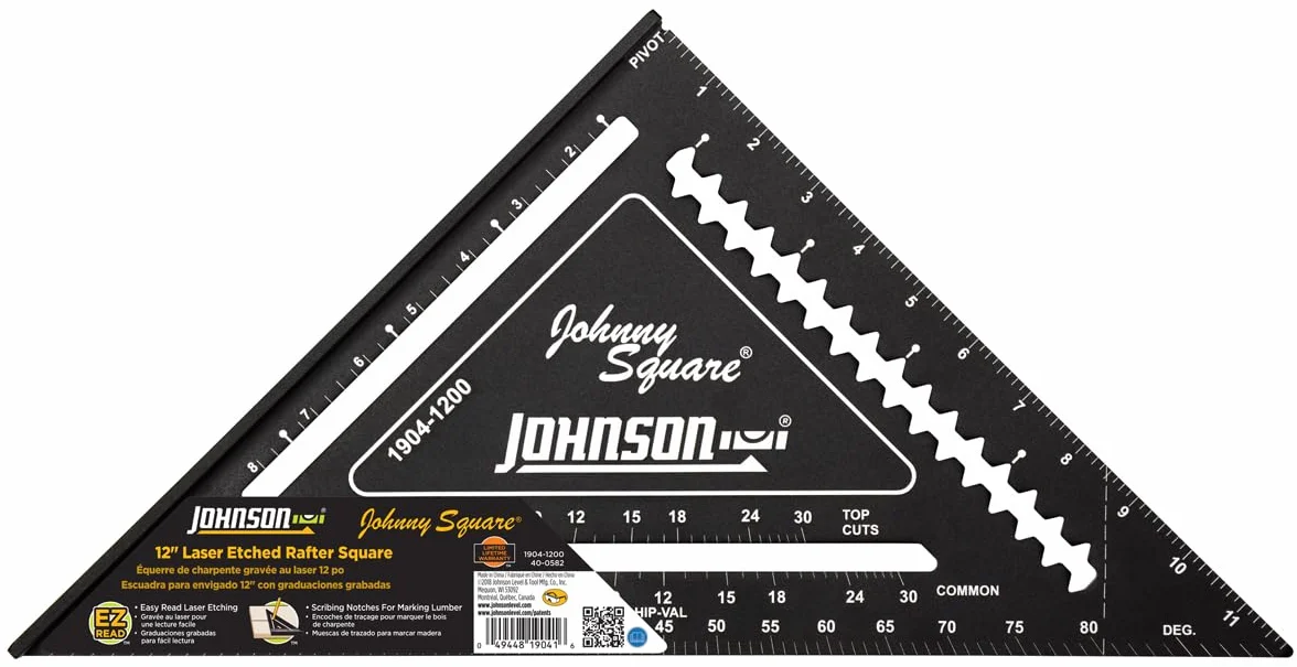 Johnson Level & Tool 1904-1200 Johnny Square profesjonalny łatwy do odczytania aluminiowy kwadrat krokwi, 30 cm, czarny, 1 kwadrat