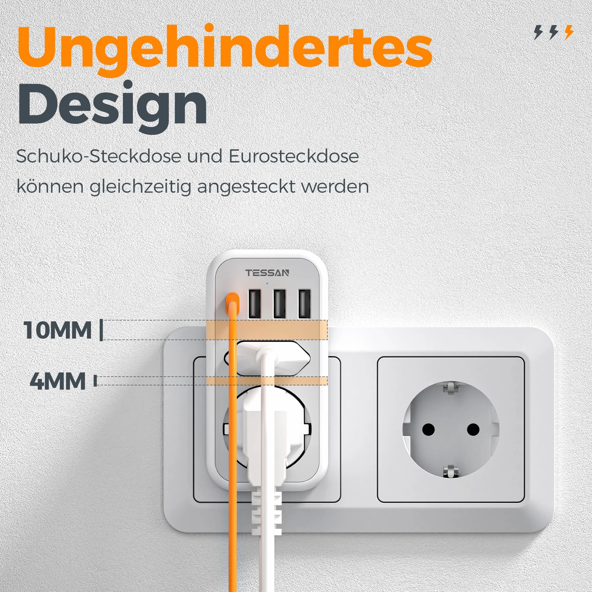 TESSAN Podwójna Wtyczka do Gniazda, Gniazdo Wielokrotne Gniazdo USB C, Adapter Gniazda 2 Drożny z 4 Wtyczkami Zasilającymi USB, Wielopunktowa Wtyczka do Gniazda i Adapter USB C, Szary