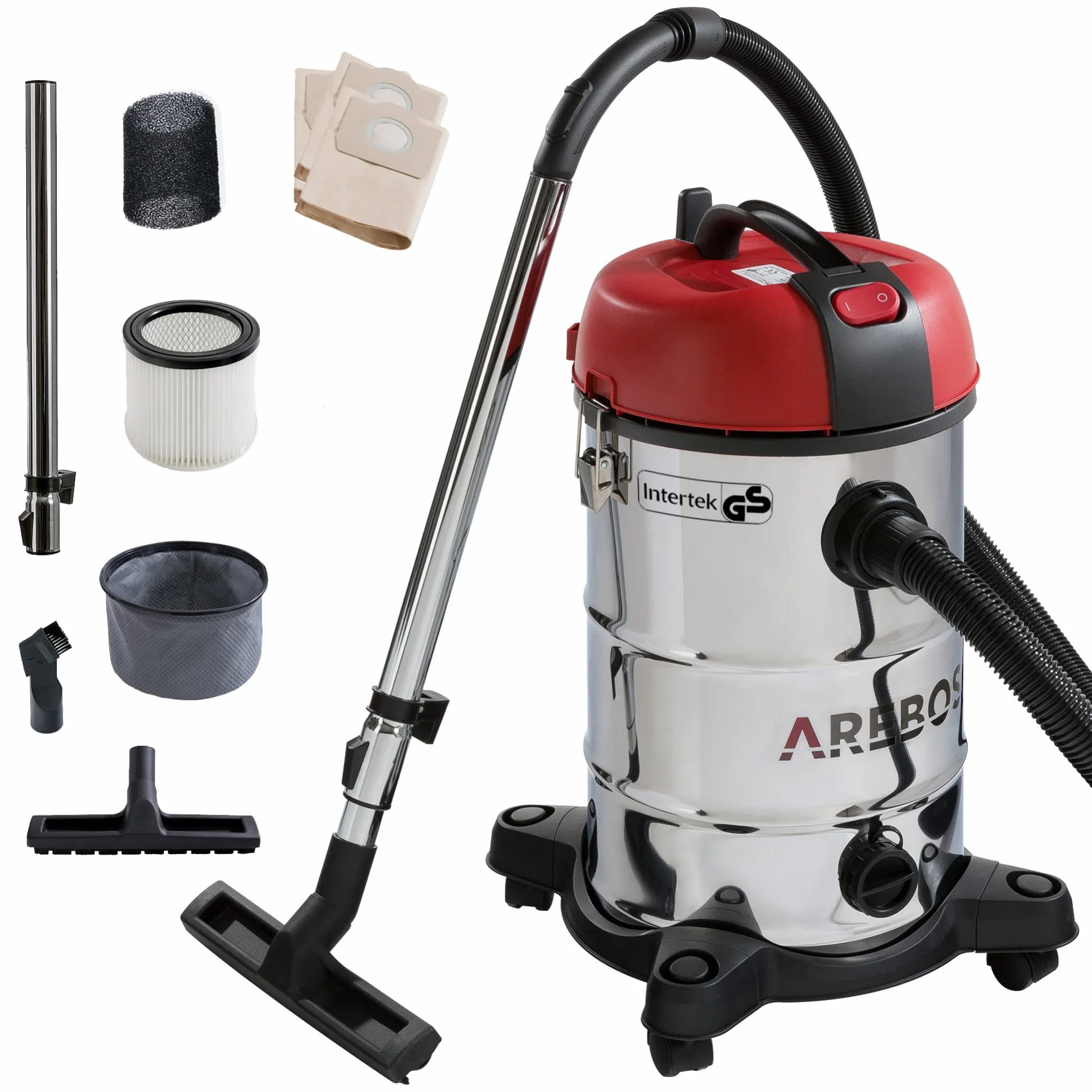 Arebos Odkurzacz przemysłowy | Odkurzacz do pracy na mokro i na sucho z filtrem | 1800W | 30L | Stal nierdzewna | Czerwony